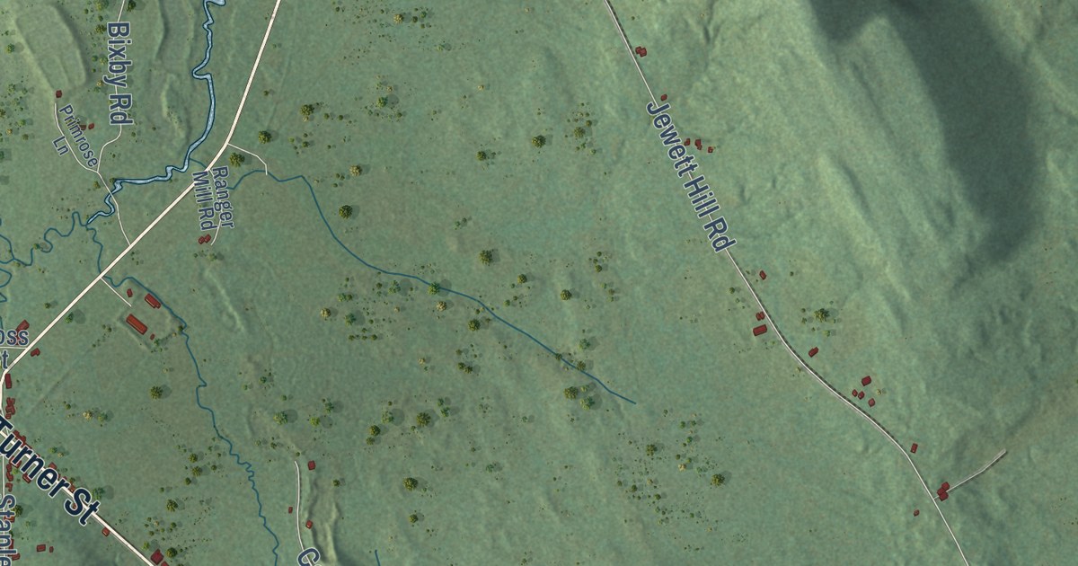 Close-up of streets and buildings in Canton, Maine