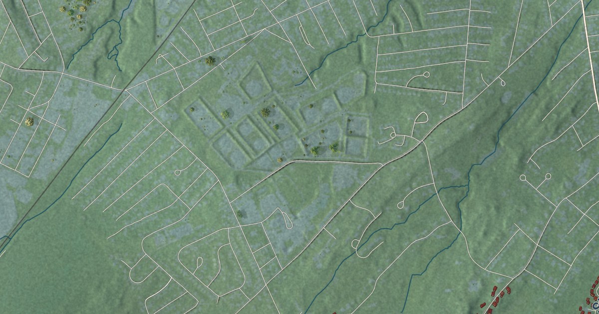 Close-up of streets and buildings in Cape Elizabeth, Maine