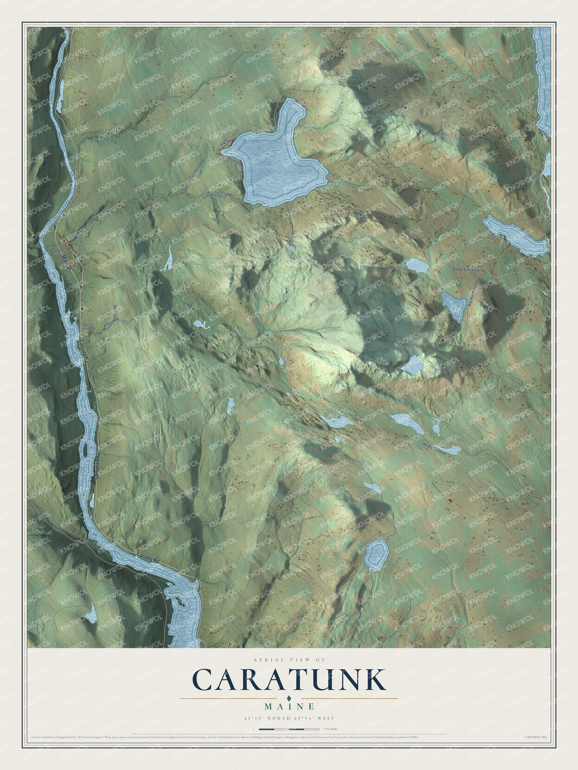 Map of Caratunk, Maine, with Pleasant Pond, Canada Road and Baker Pond