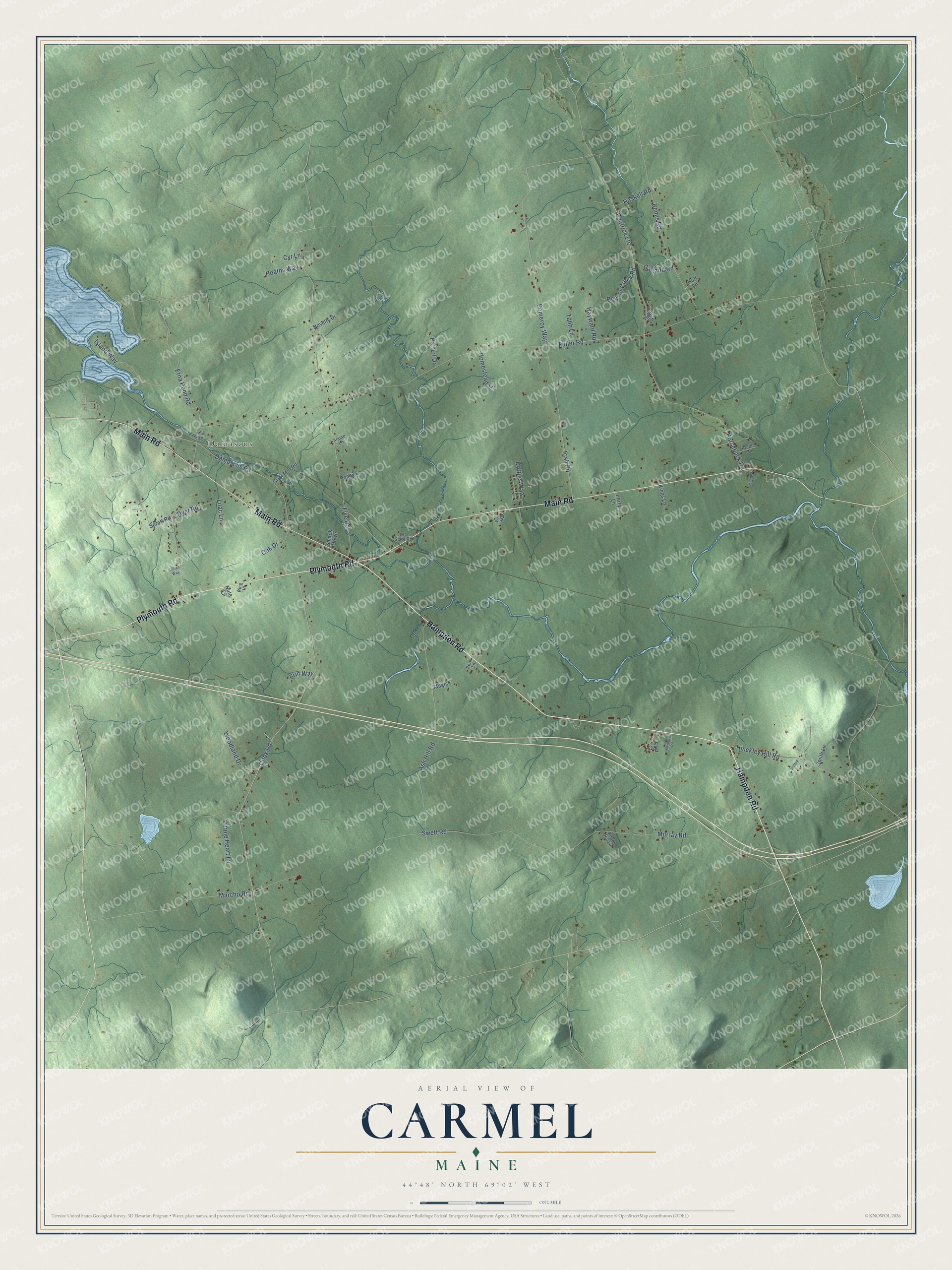 Map of Carmel, Maine, with Main Road, Hampden Road and Souadabscook Stream