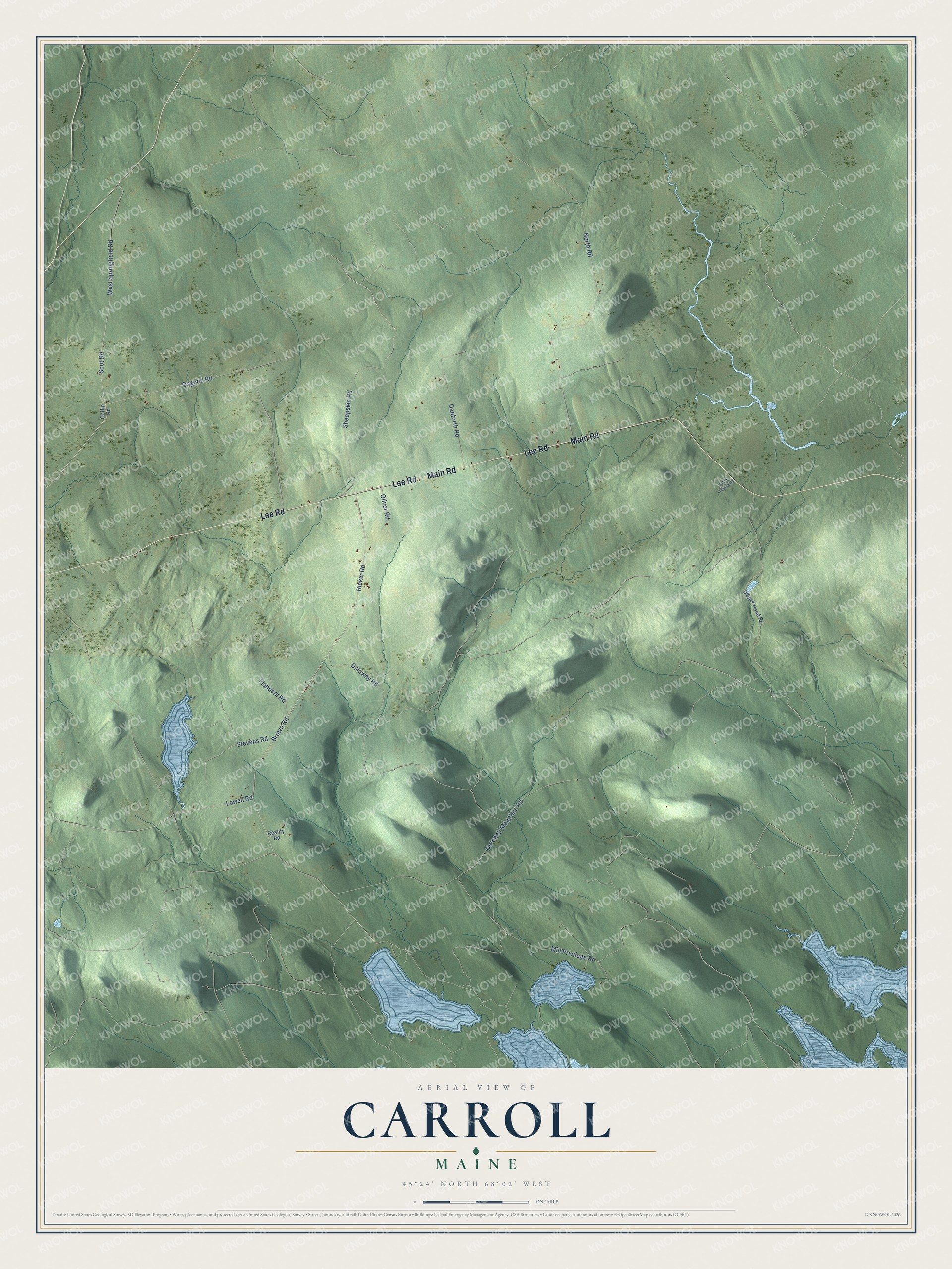 Map of Carroll, Maine, with Main Road, Lee Road and Lowell Lake