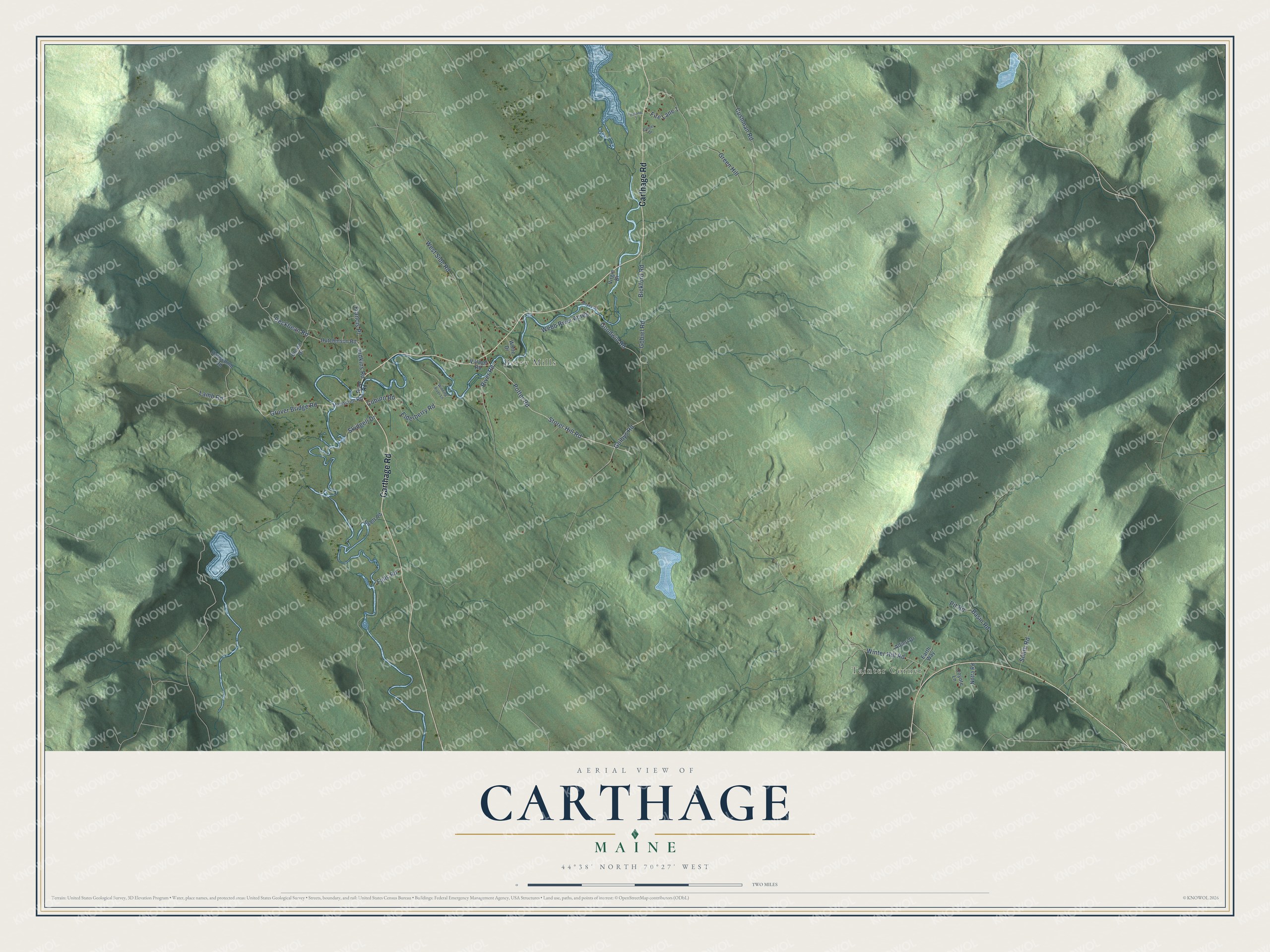 Map of Carthage, Maine, with Carthage Road, Berry Mills and Tainter Corner