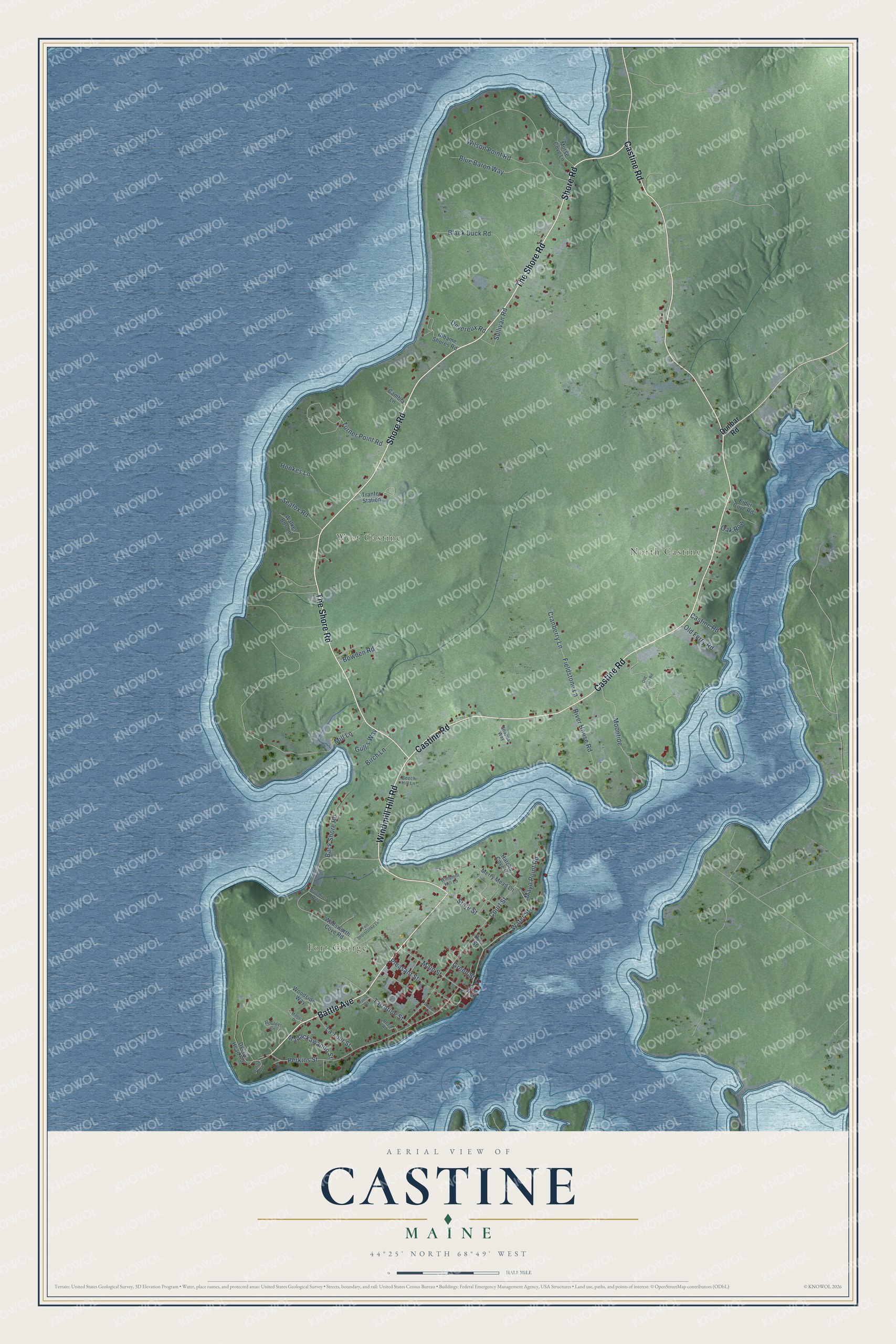 Map of Castine, Maine, with Battle Avenue, Fort George and The Shore Road