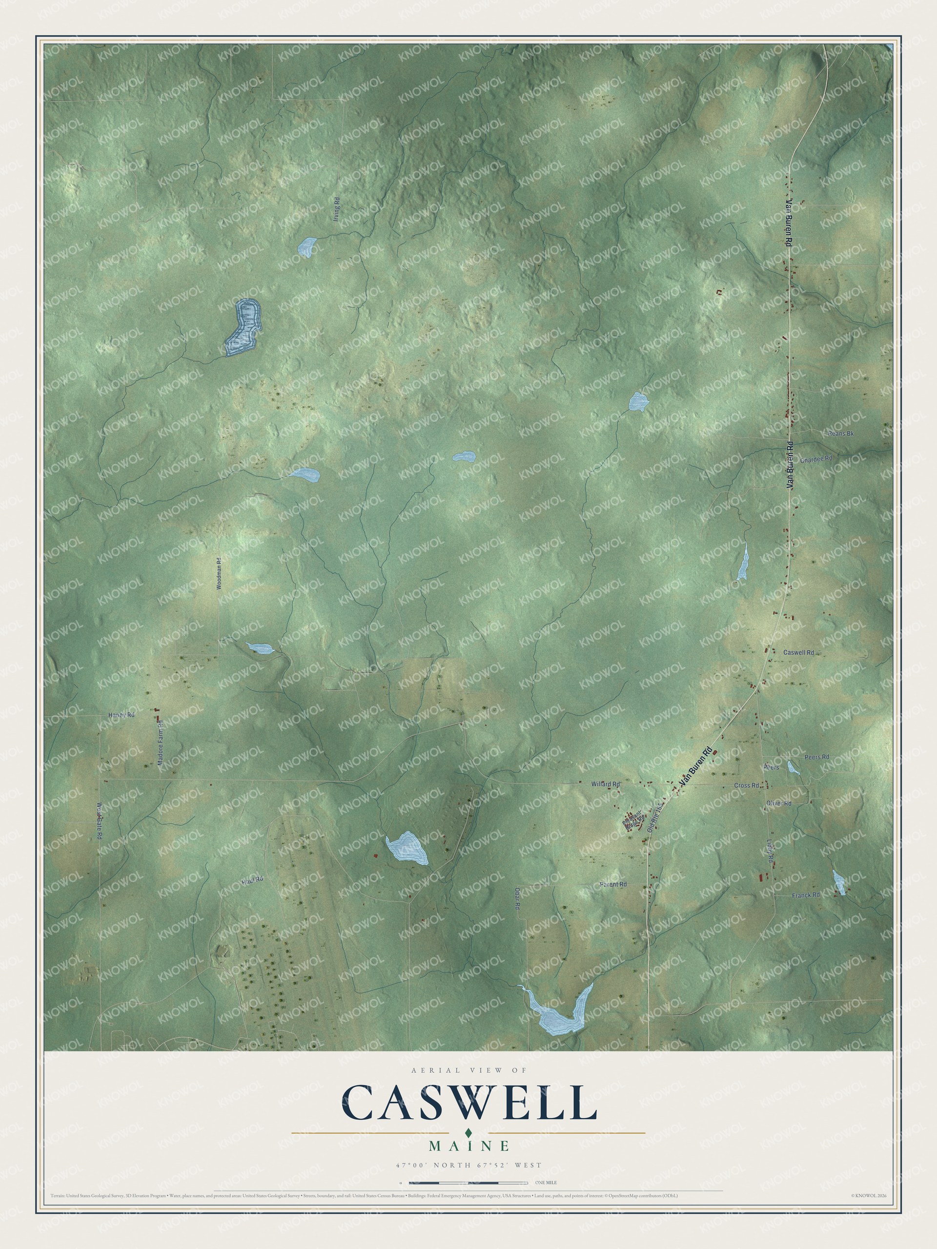 Map of Caswell, Maine, with Big Black Brook Lake, Van Buren Road and Mud Lake