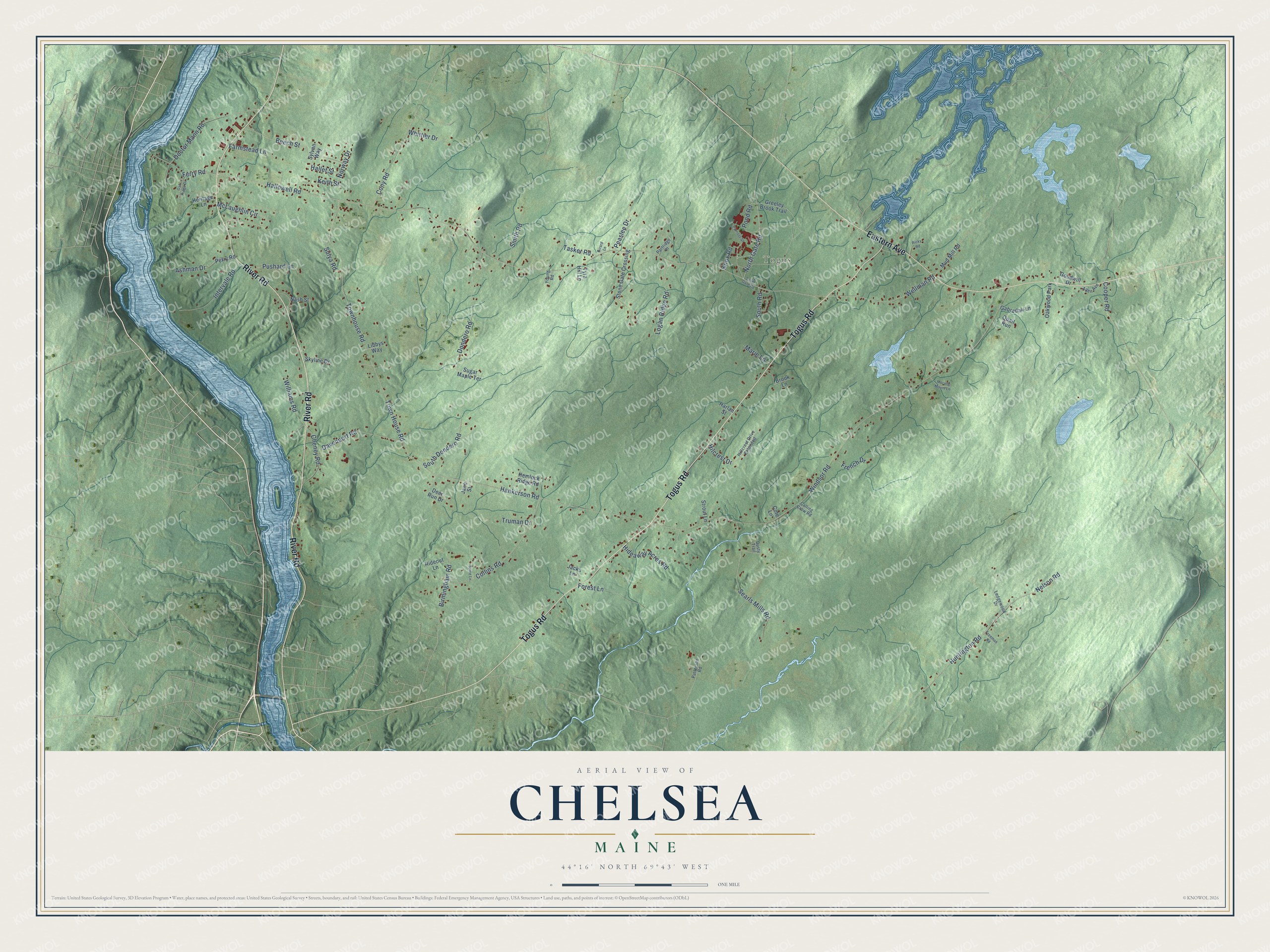 Map of Chelsea, Maine, with Togus, Togus Road and the Kennebec River