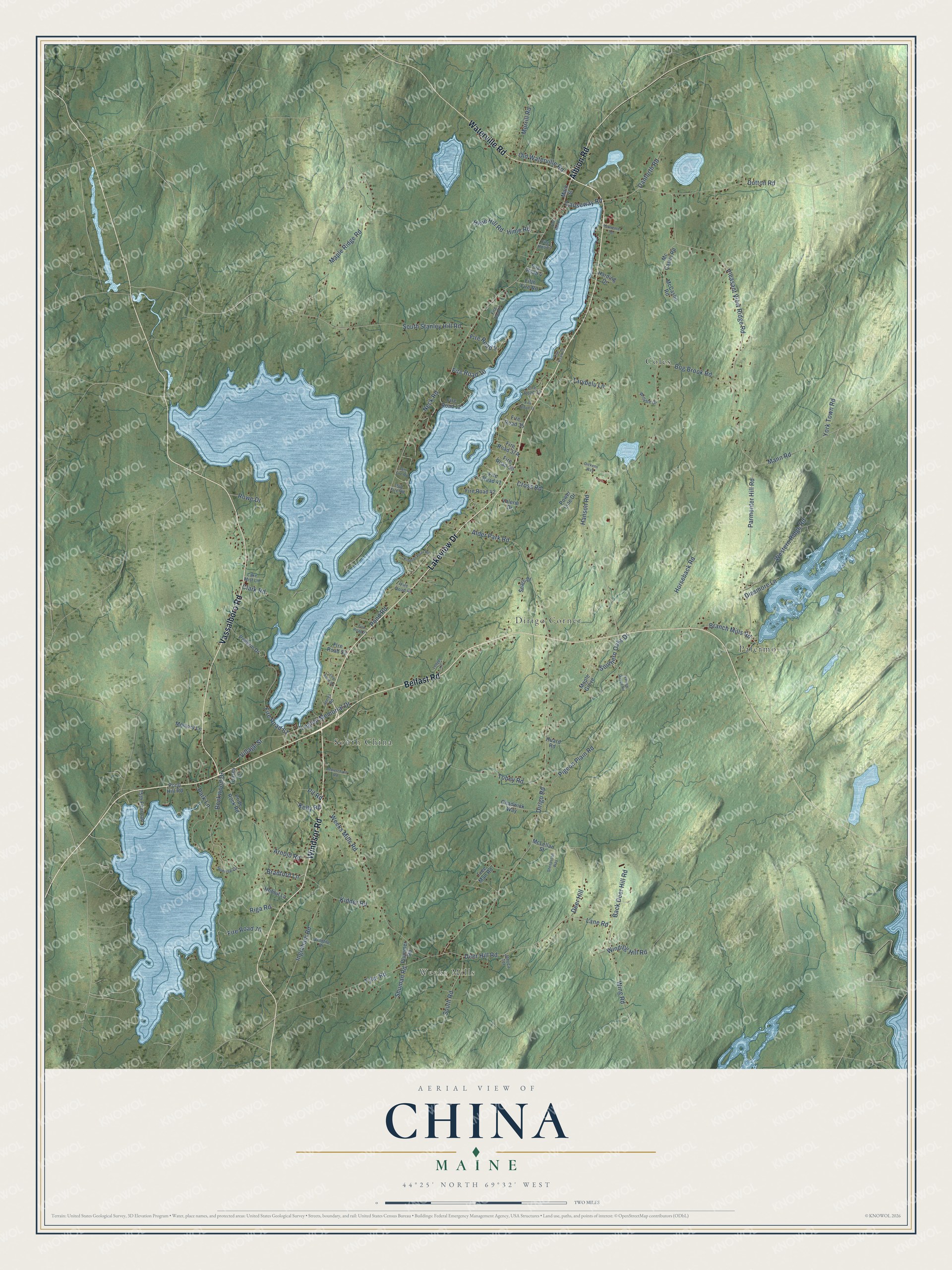 Map of China, Maine, around China Lake