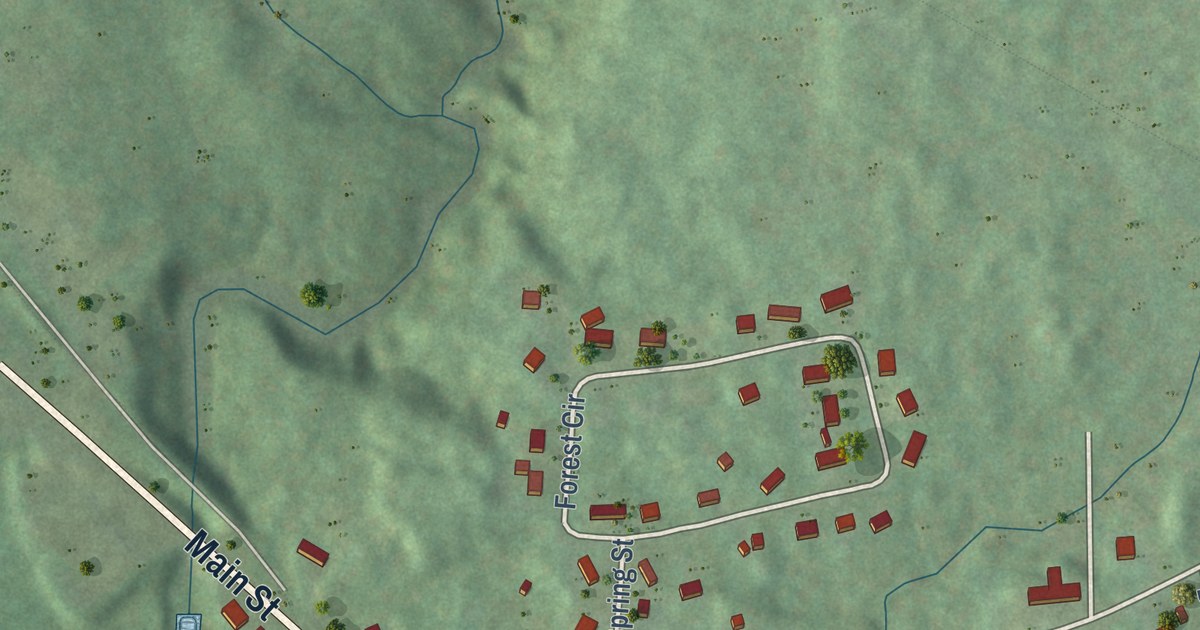 Close-up of streets and buildings in Chisholm, Maine