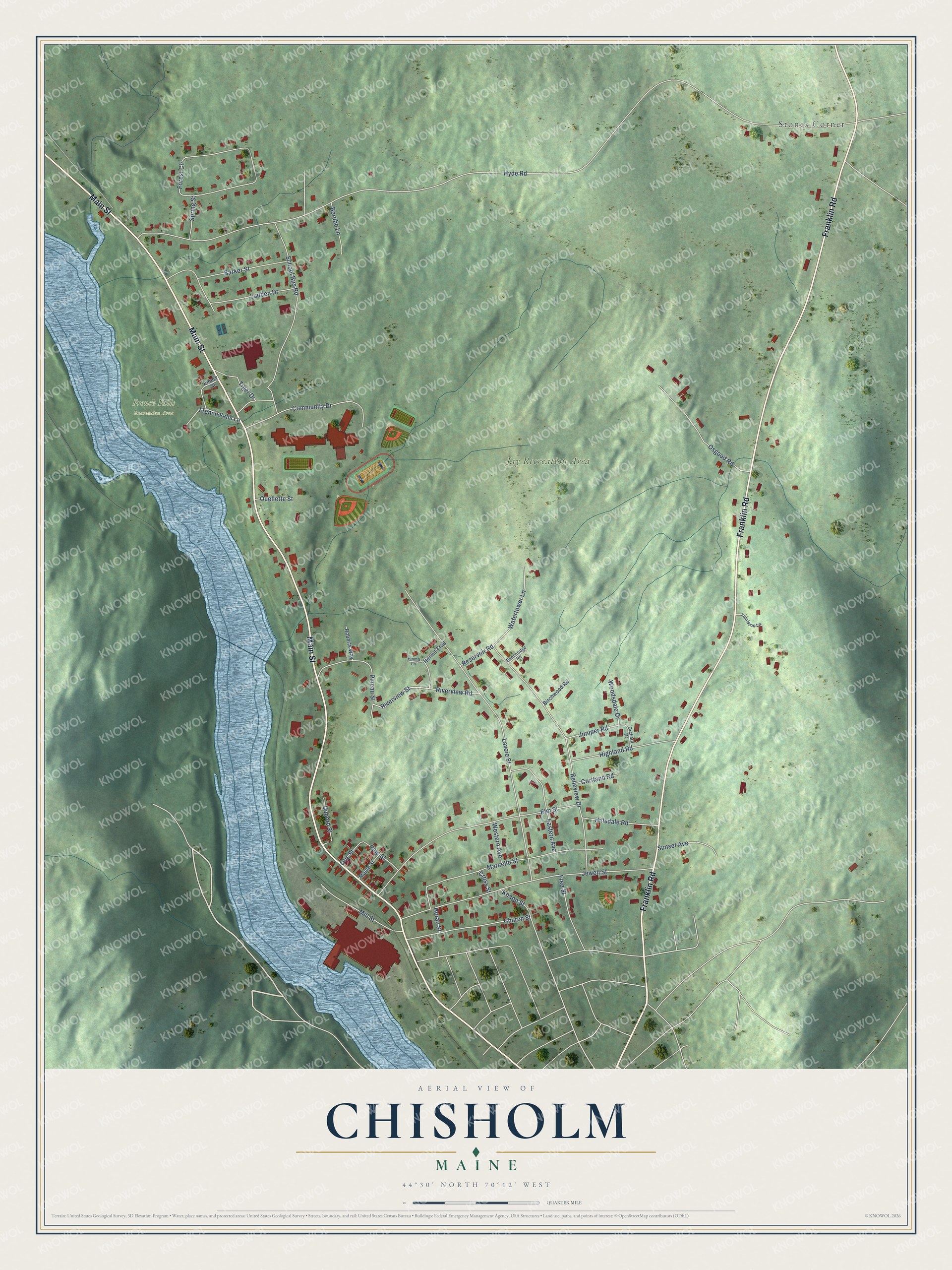Map of Chisholm, Maine, with Main Street and Riverview Street