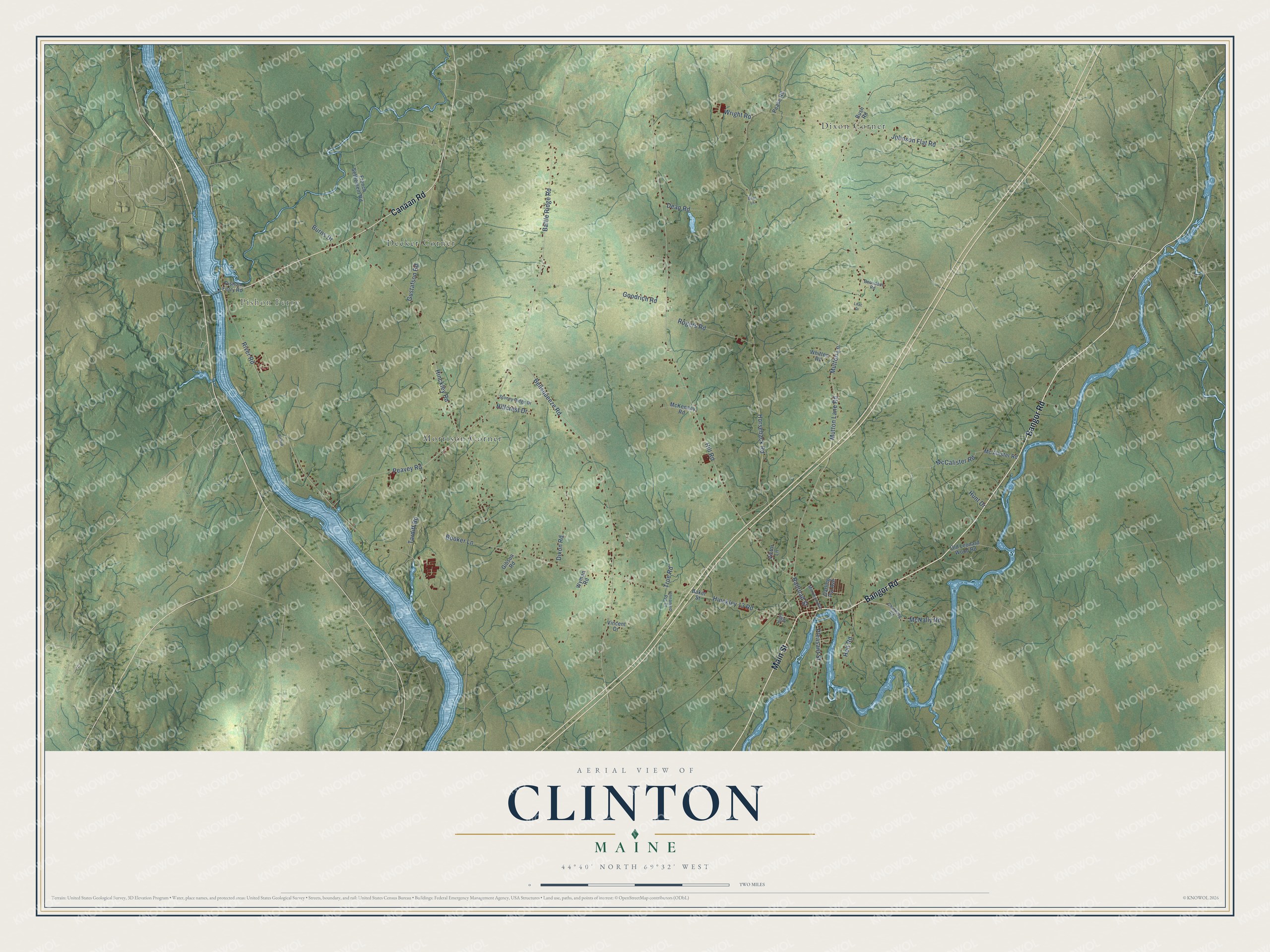 Map of Clinton, Maine, with Main Street and the Sebasticook River