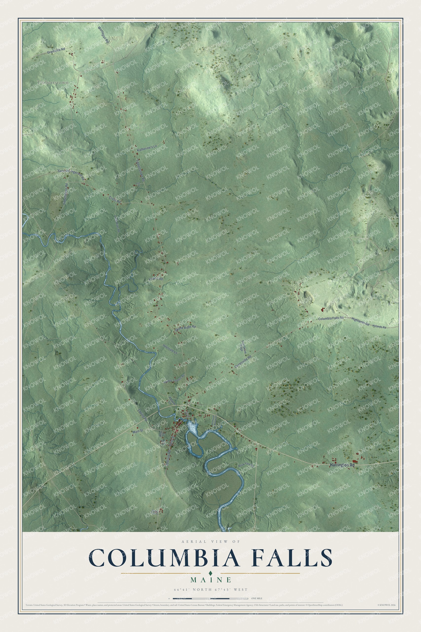 Map of Columbia Falls, Maine, along the Pleasant River
