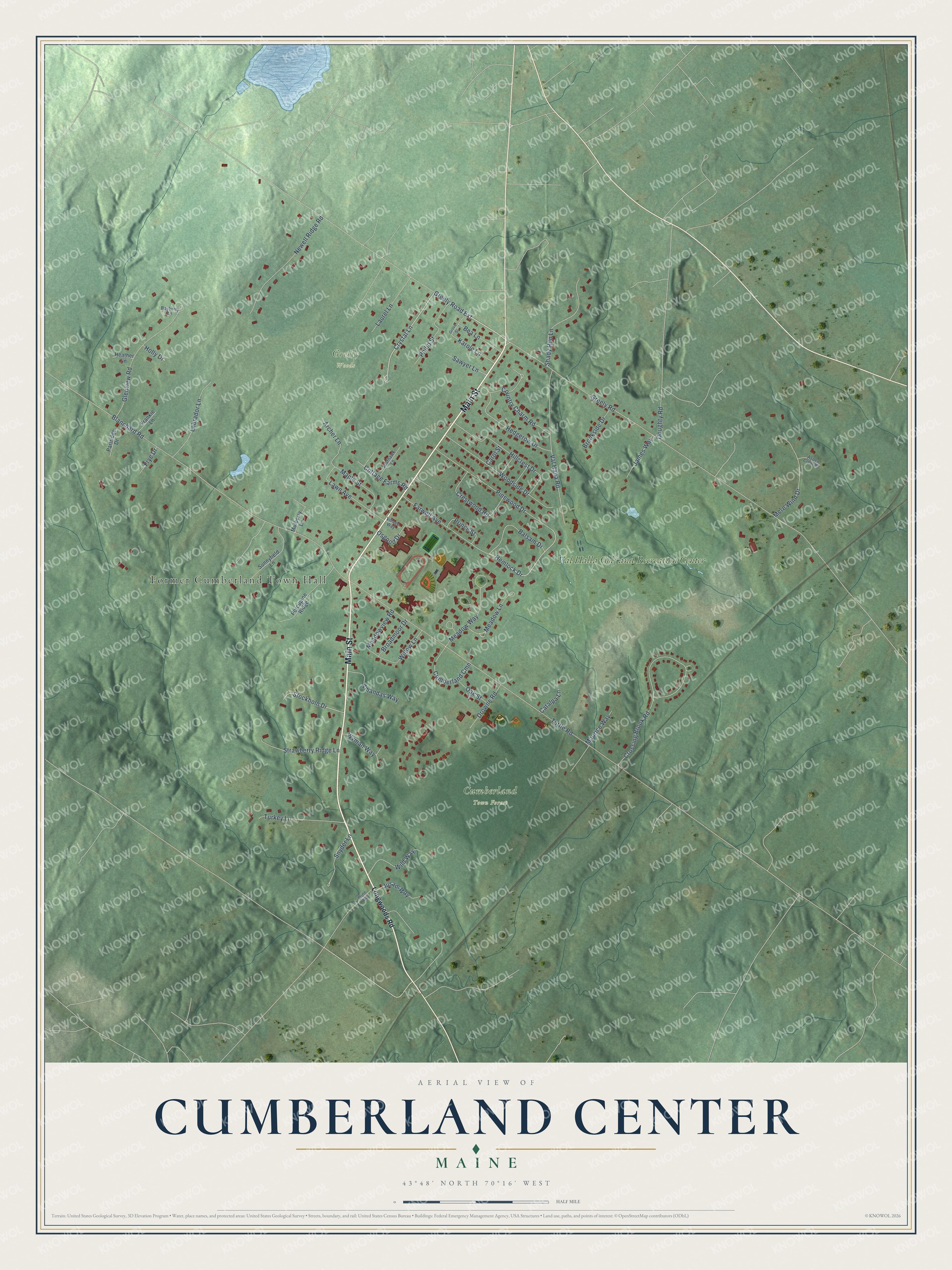 Map of Cumberland Center, Maine, with Main Street and Greely Road