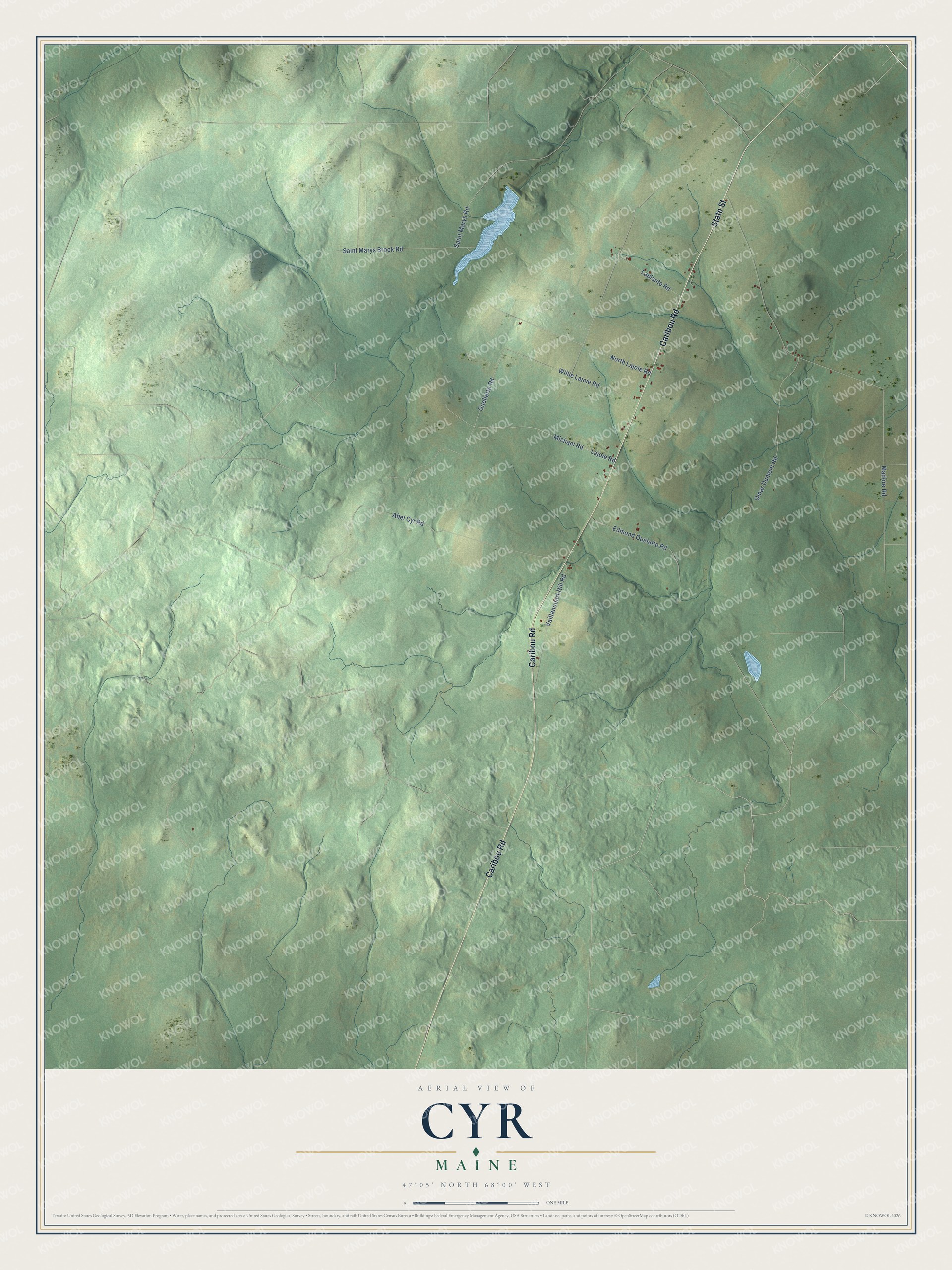 Map of Cyr, Maine, with Caribou Road and Laplante Road