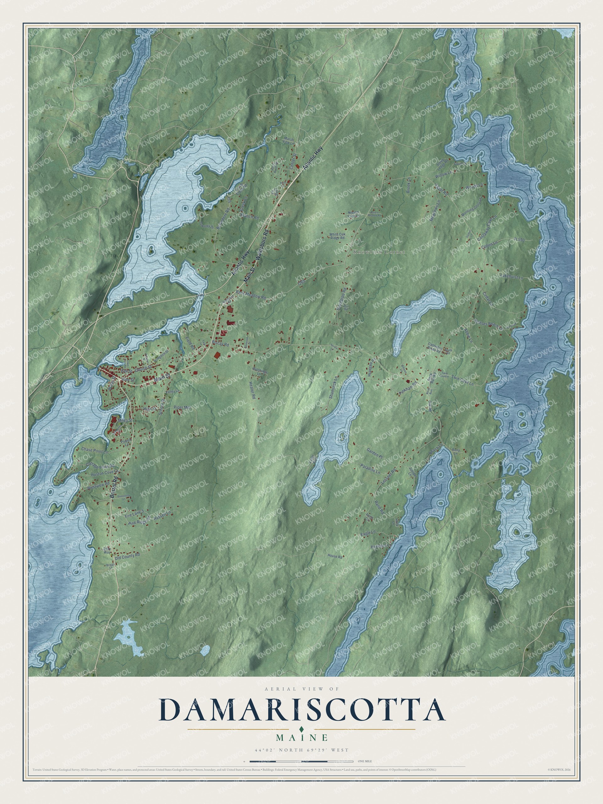 Map of Damariscotta, Maine, with Main Street and Bristol Road