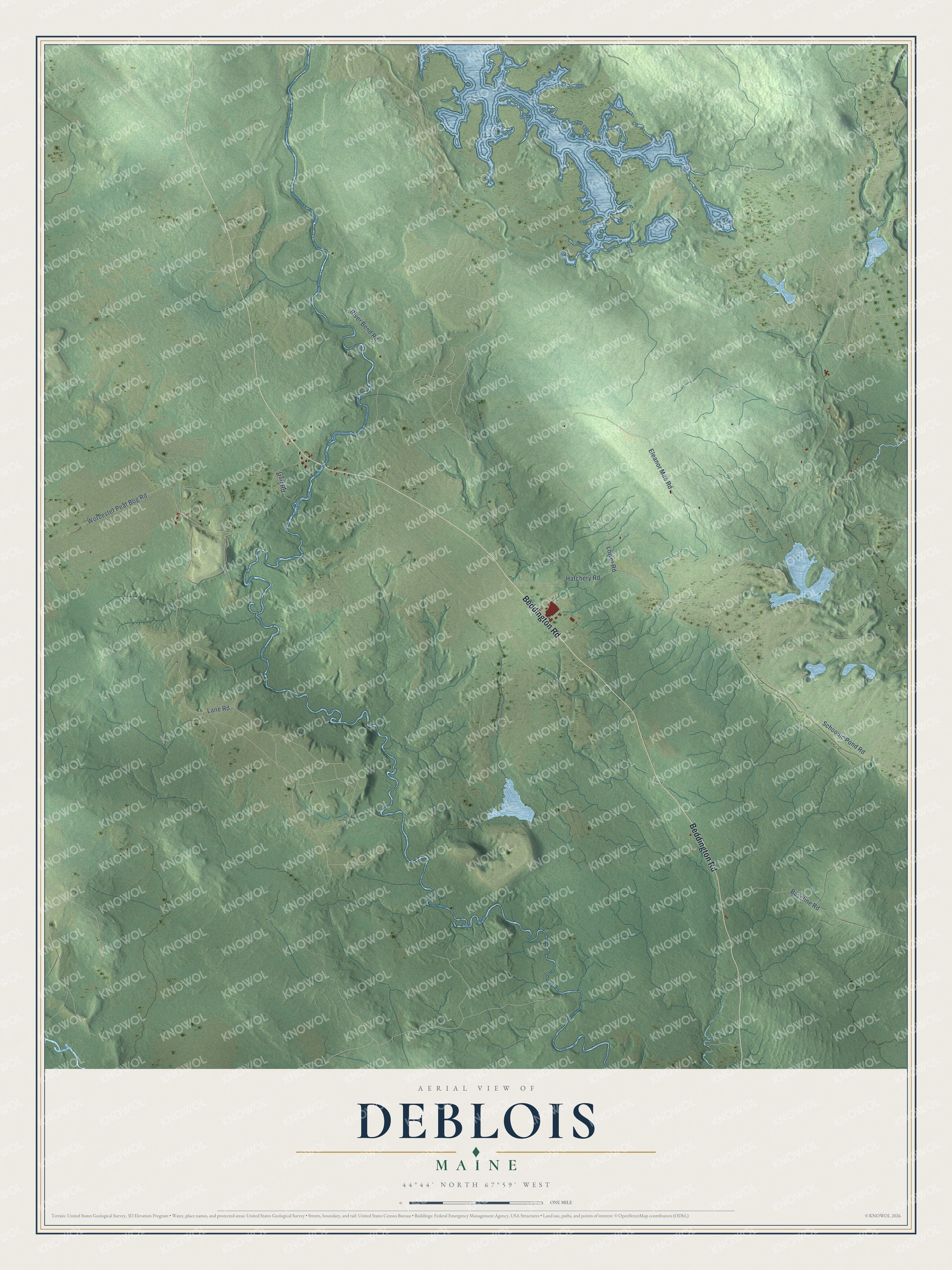 Map of Deblois, Maine, with Beddington Road and Schoodic Pond Road