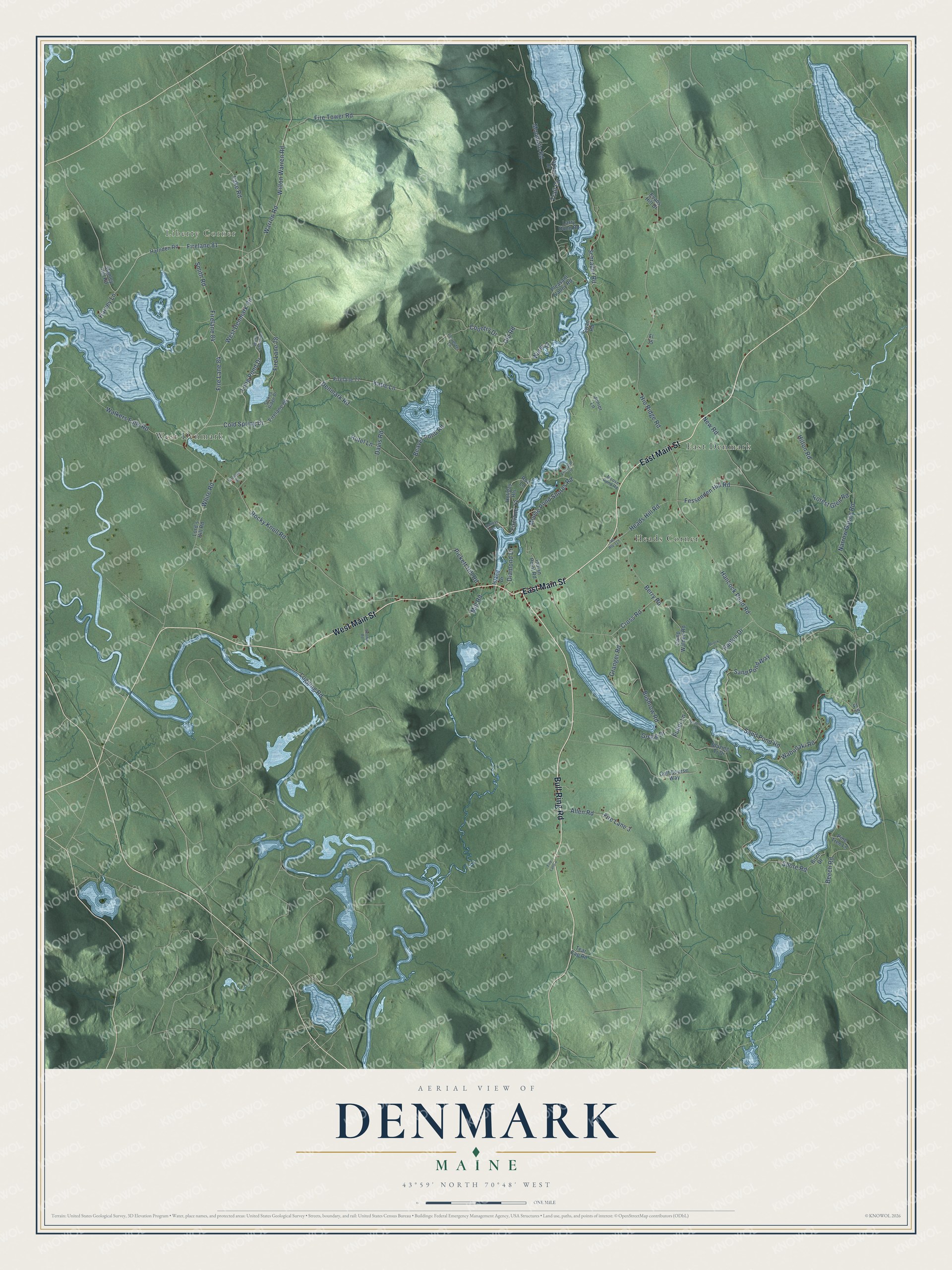 Map of Denmark, Maine, with Moose Pond and East Main Street