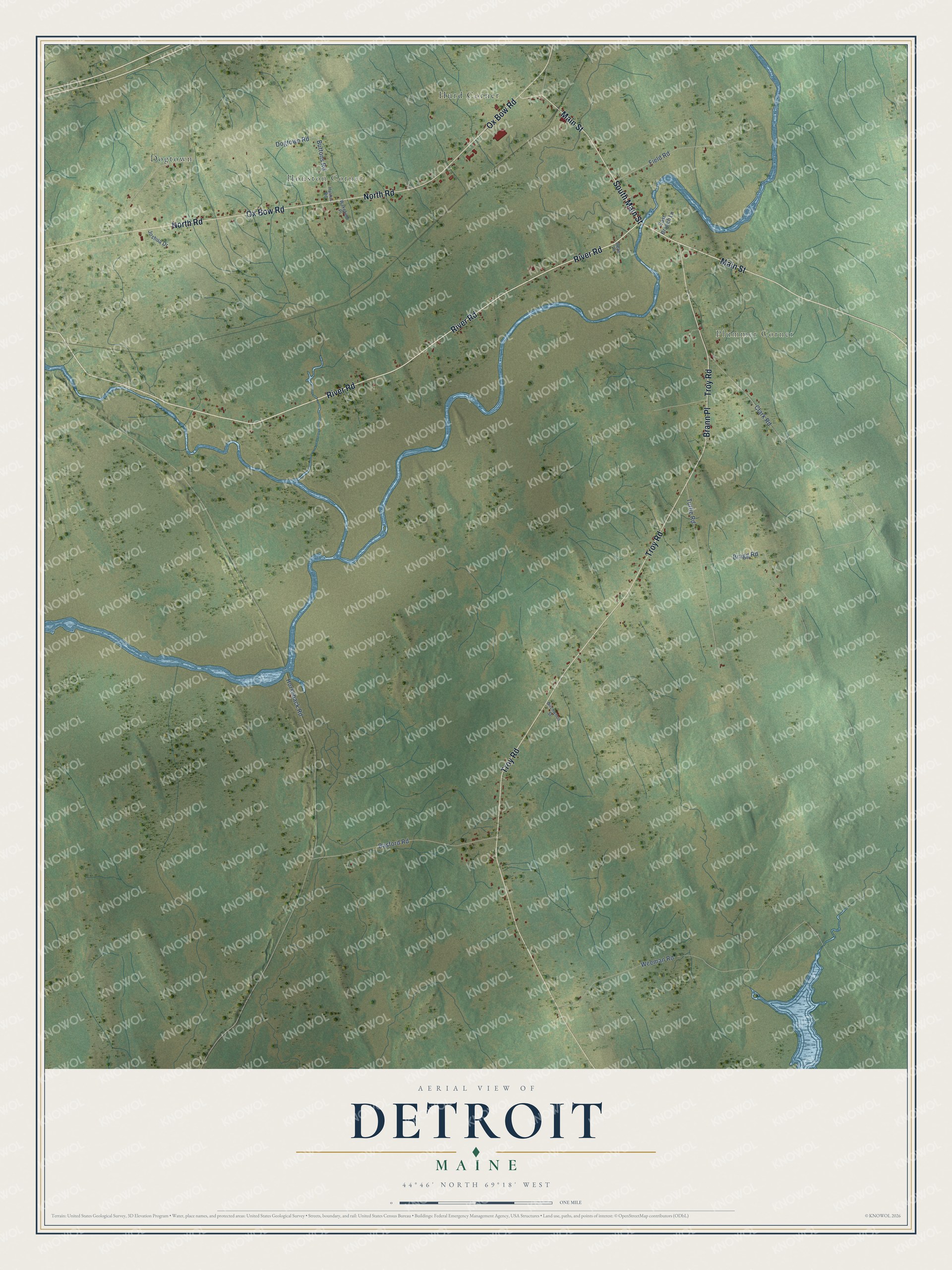 Map of Detroit, Maine, with the Sebasticook River and Main Street