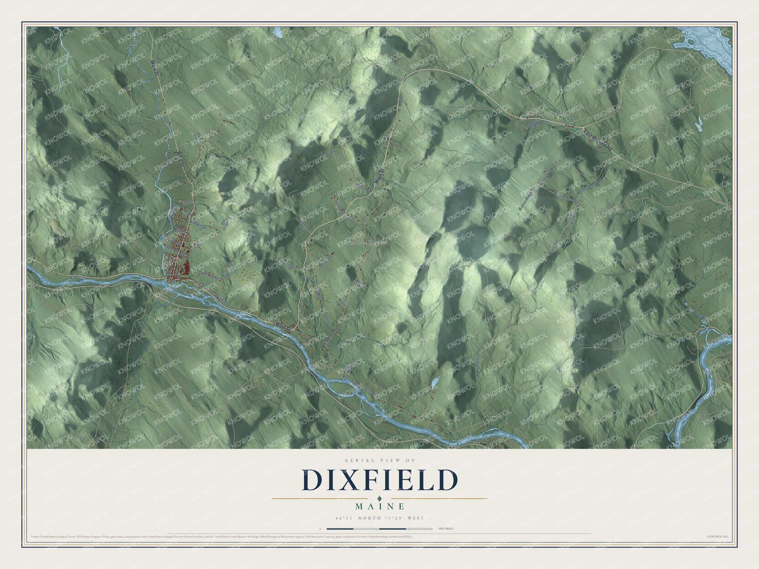 Map of Dixfield, Maine, with Main Street and the Webb River