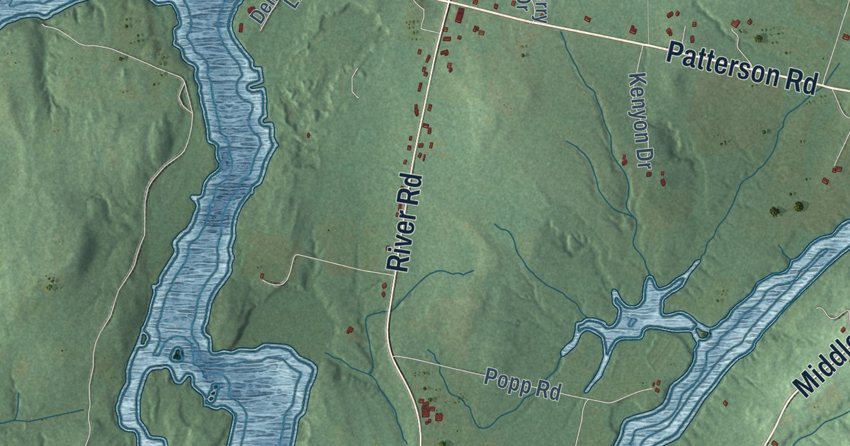 Close-up of streets and buildings in Dresden, Maine