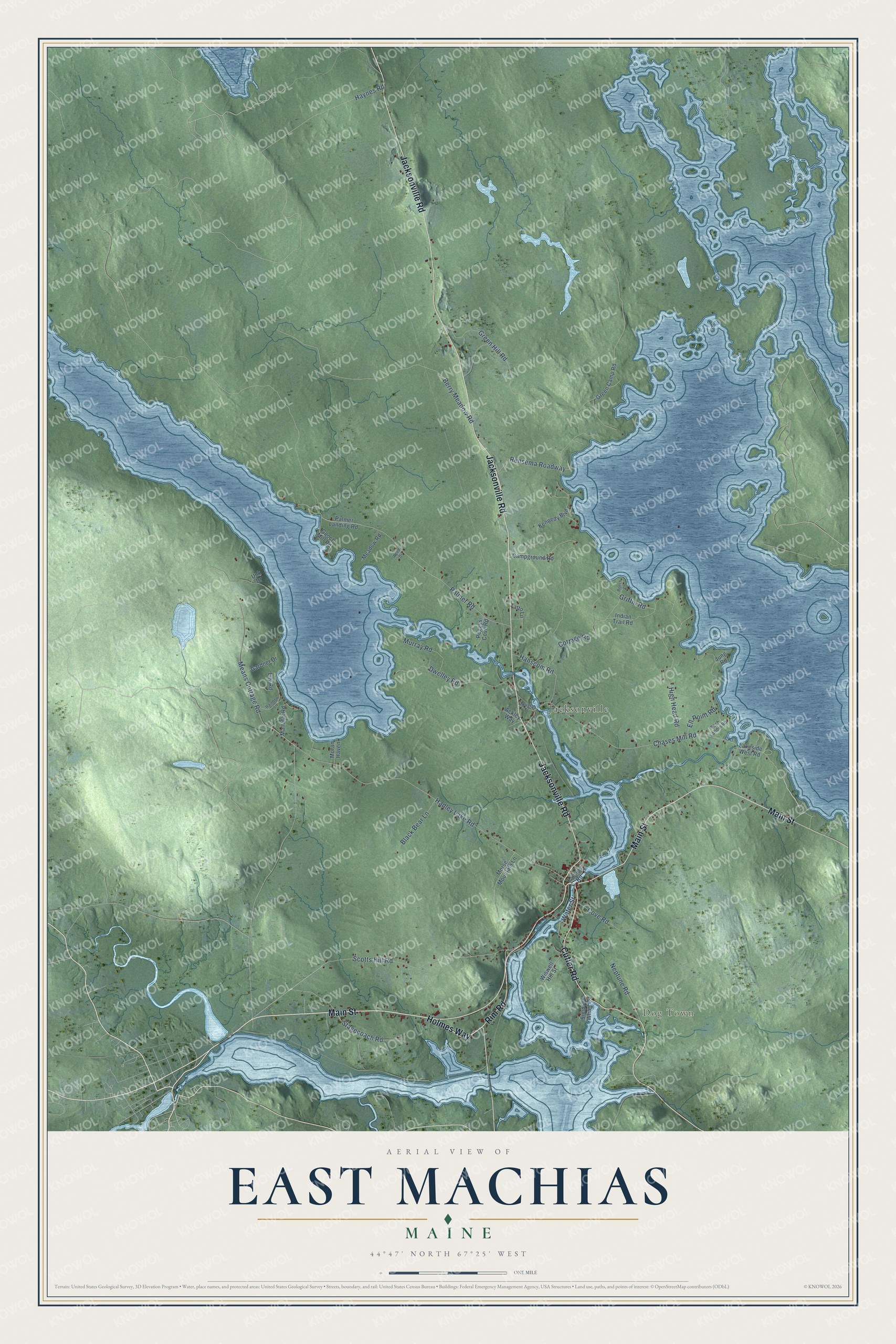 Map of East Machias, Maine, with Main Street and Cutler Road