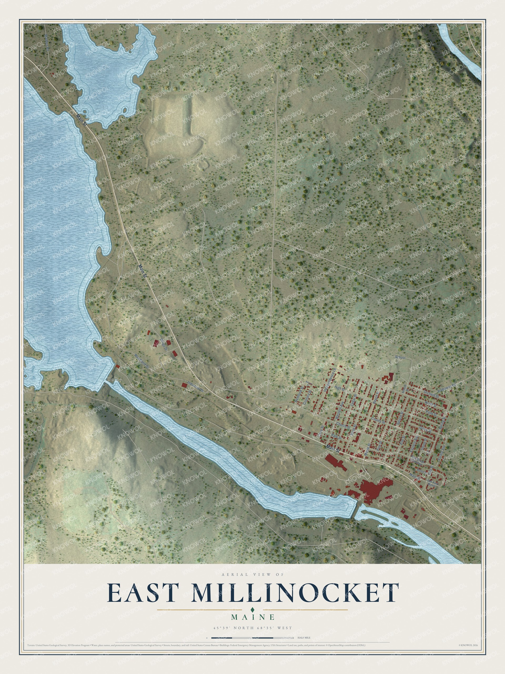 Map of East Millinocket, Maine, with Main Street and Partridge Brook Flowage