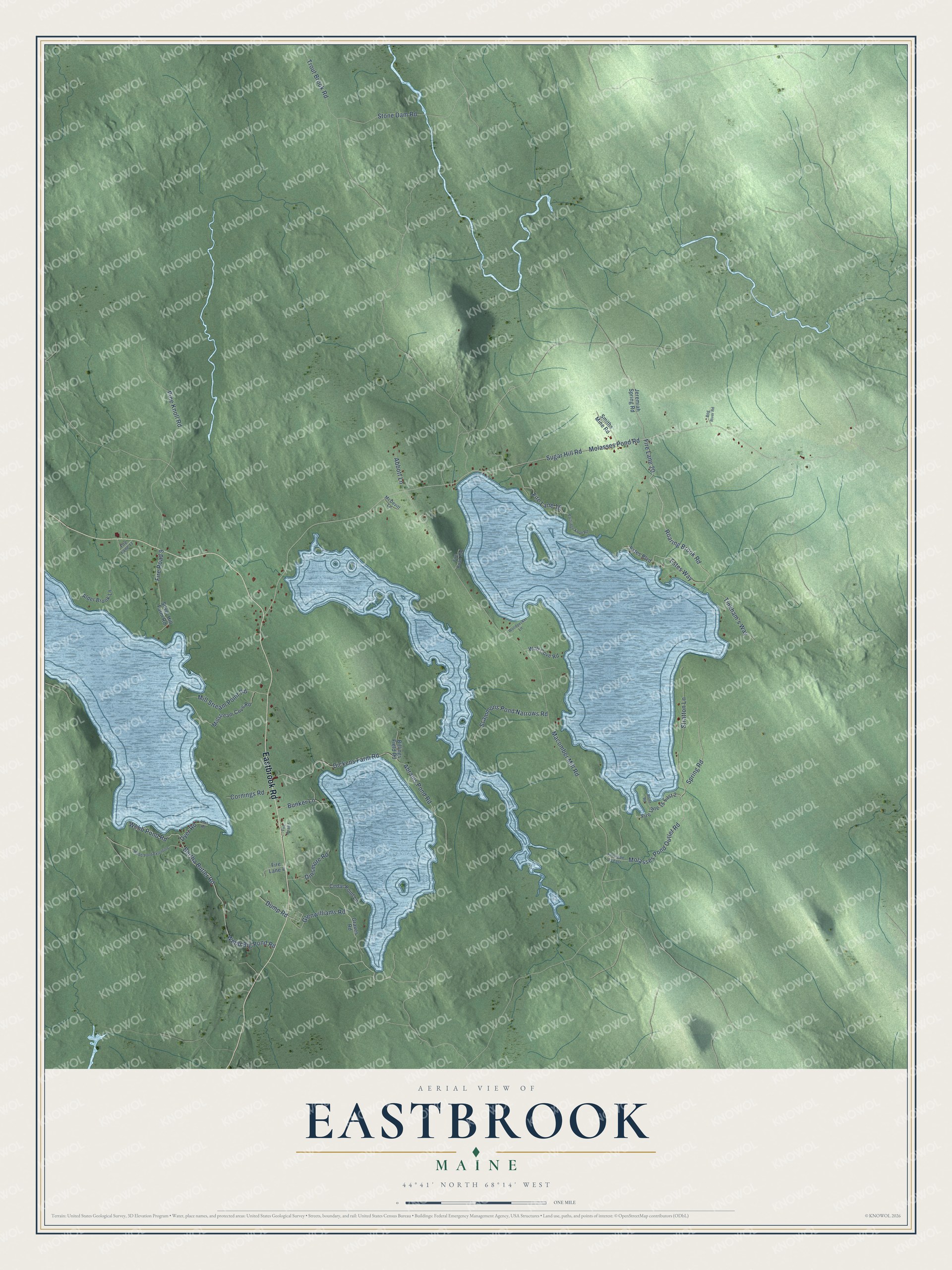 Map of Eastbrook, Maine, with Molasses Pond and Molasses Pond Road
