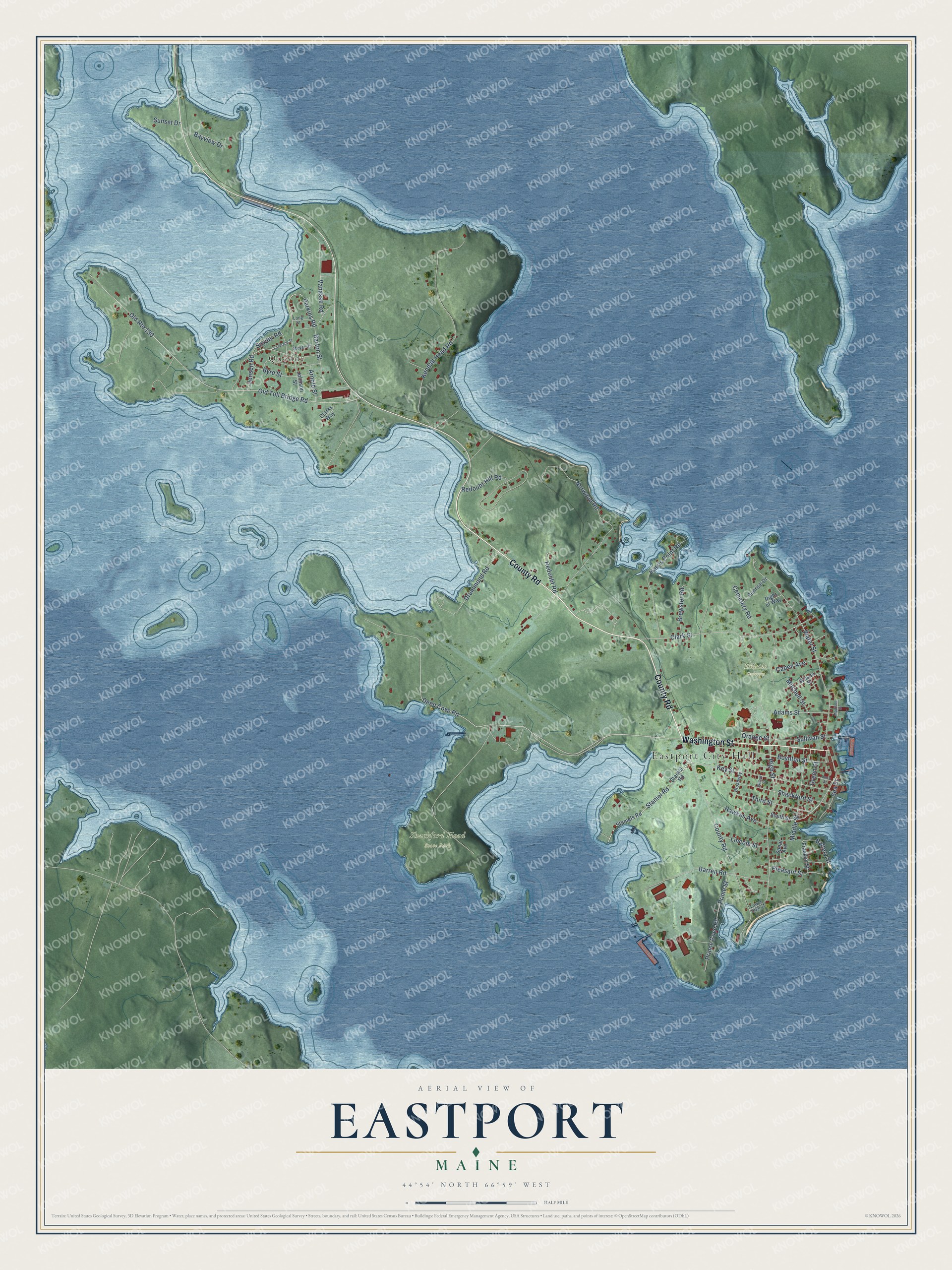 Map of Eastport, Maine, with Water Street, Washington Street and County Road