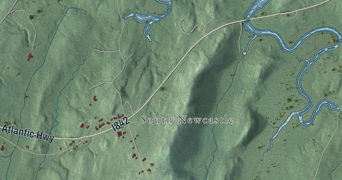 Close-up of streets and buildings in Edgecomb, Maine