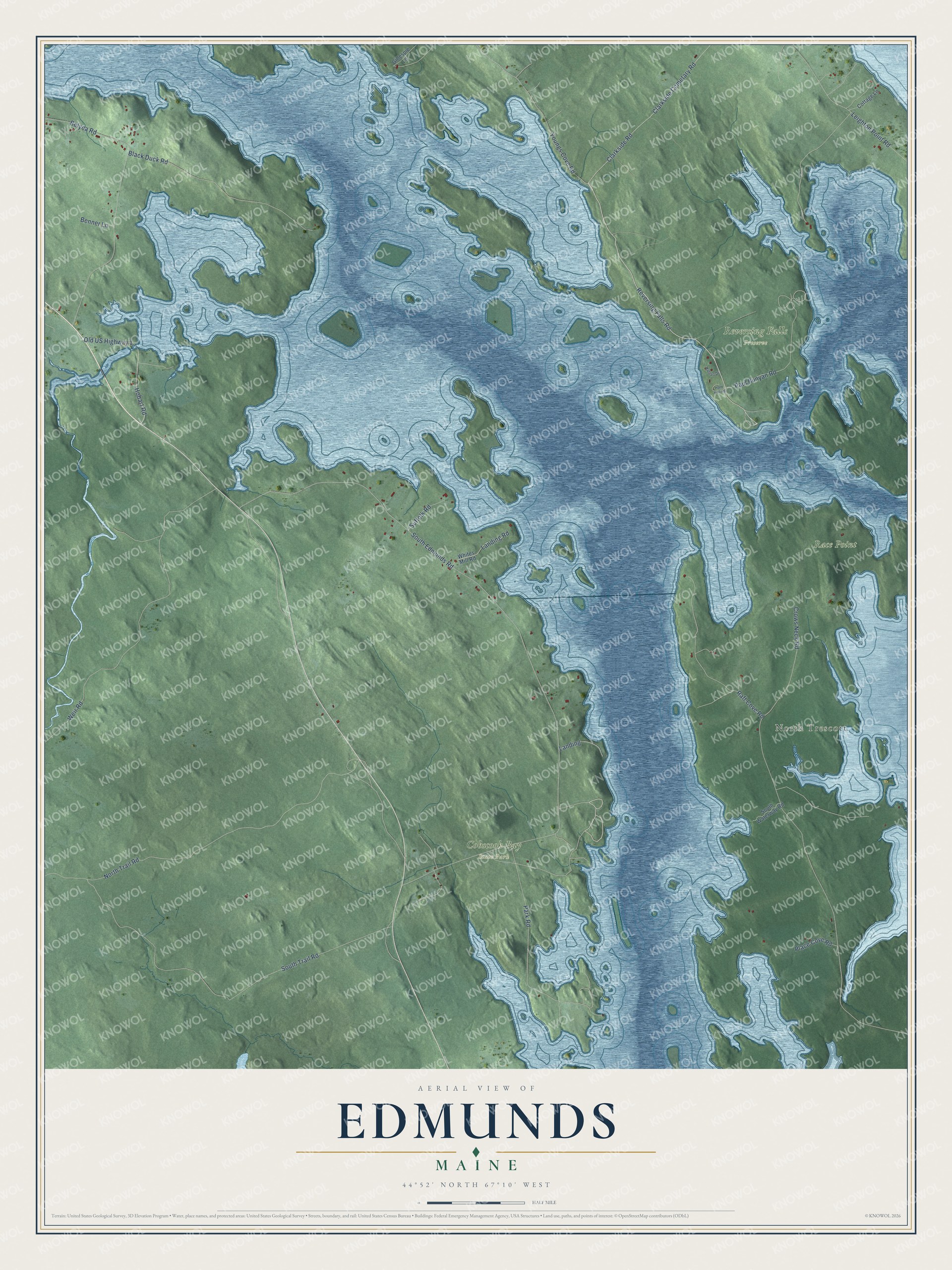 Full map of Edmunds, Maine, with red buildings, printed street names and the land around them