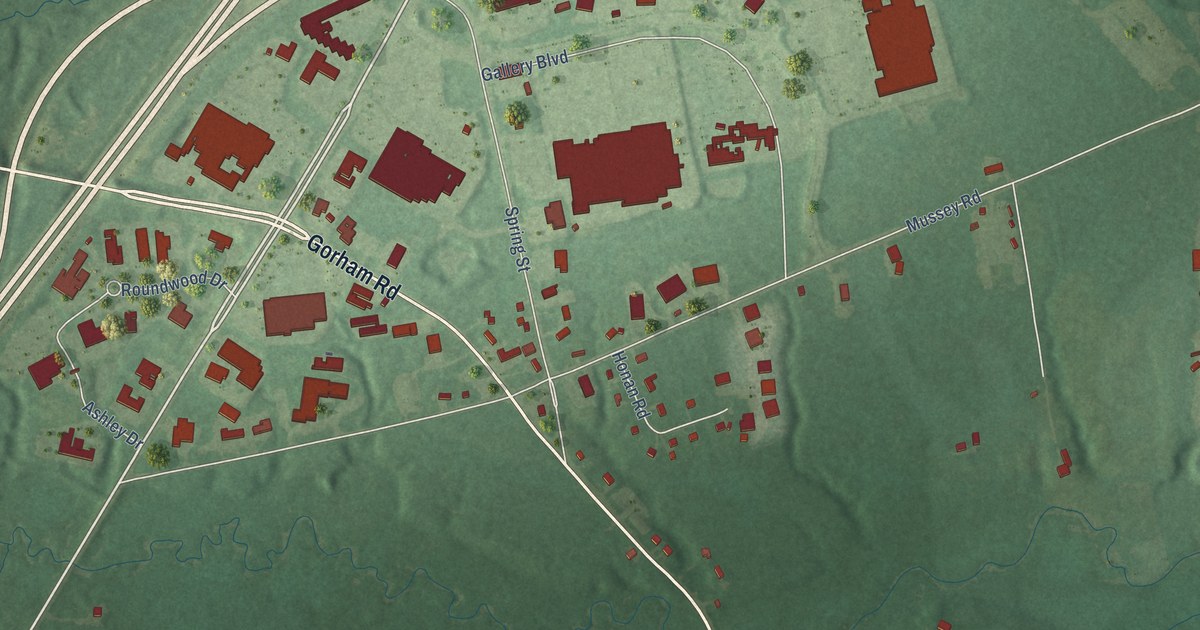 Close-up of streets and buildings in Eight Corners, Maine
