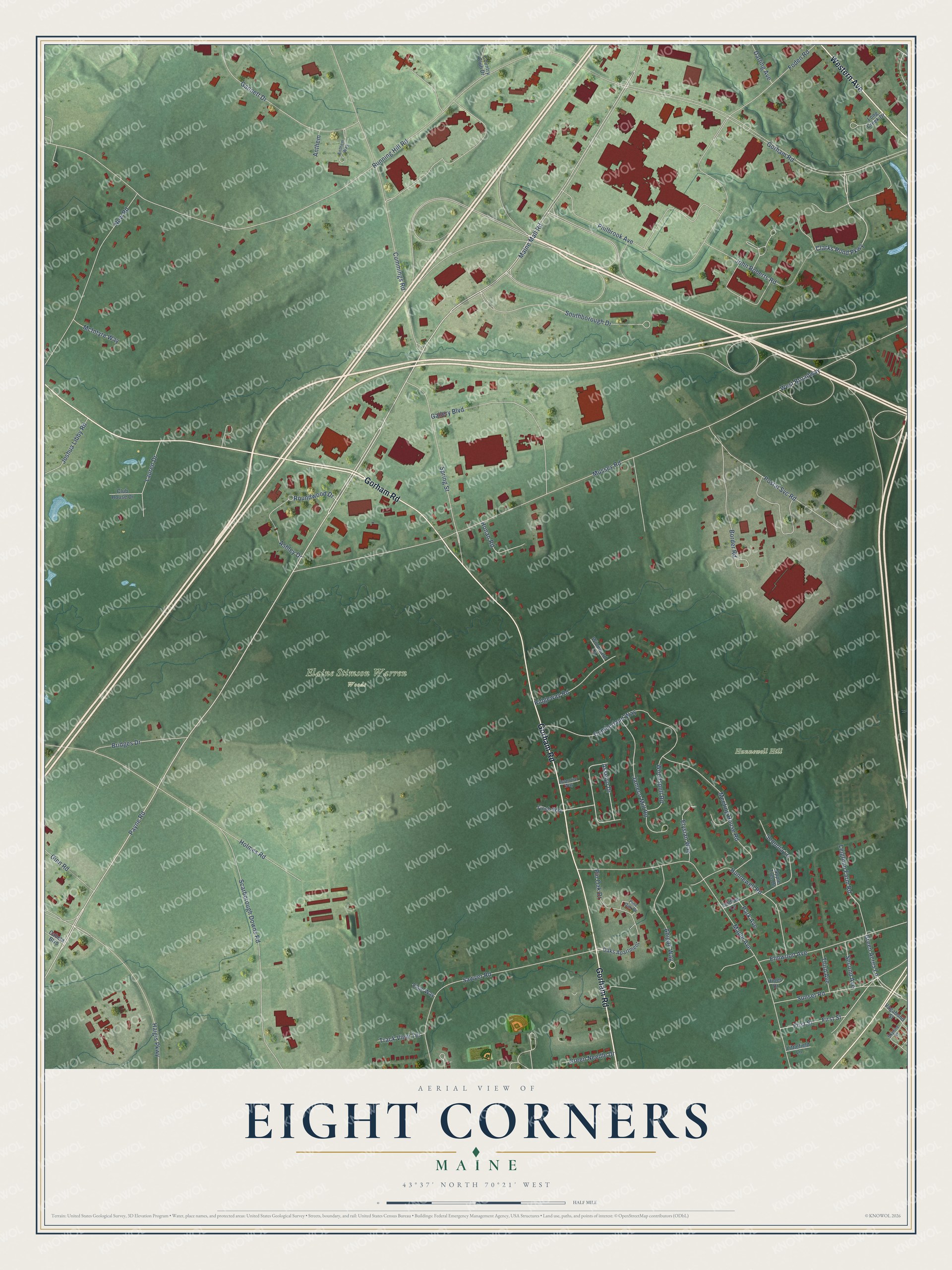 Full map of Eight Corners, Maine, with red buildings, printed street names and the land around them