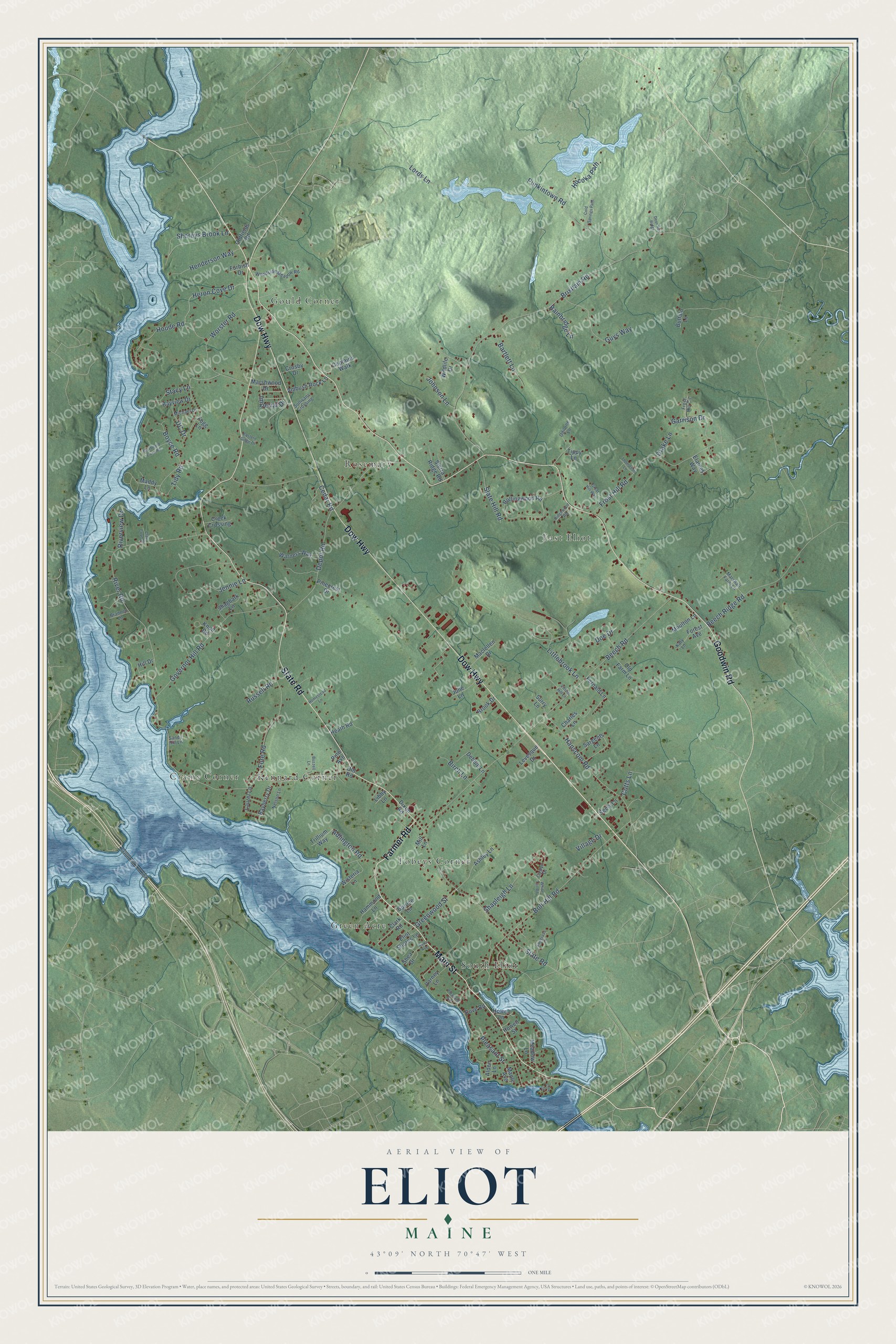 Map of Eliot, Maine, with Green Acre, State Road and the Piscataqua River