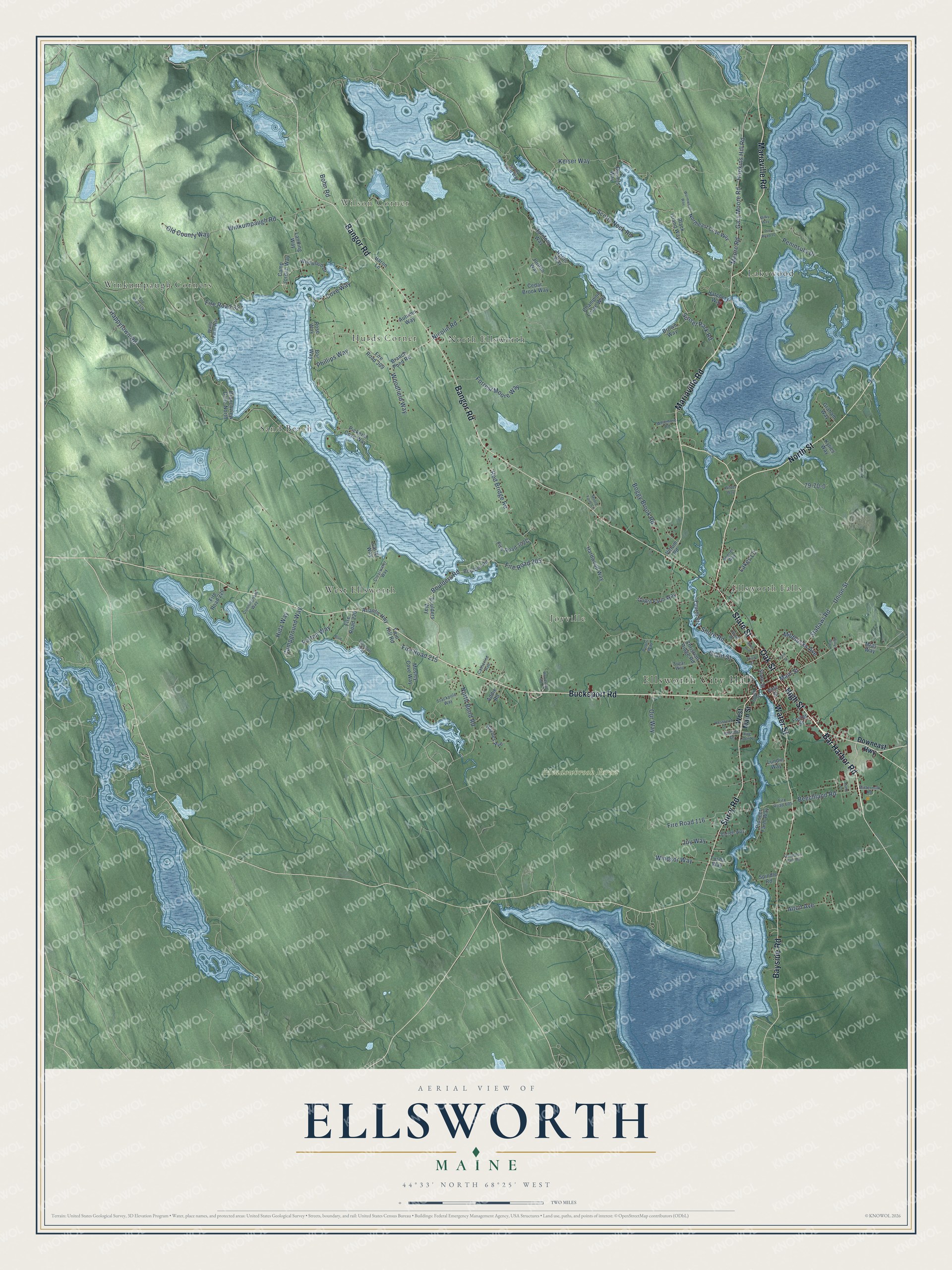 Map of Ellsworth, Maine, with High Street, State Street and the Union River