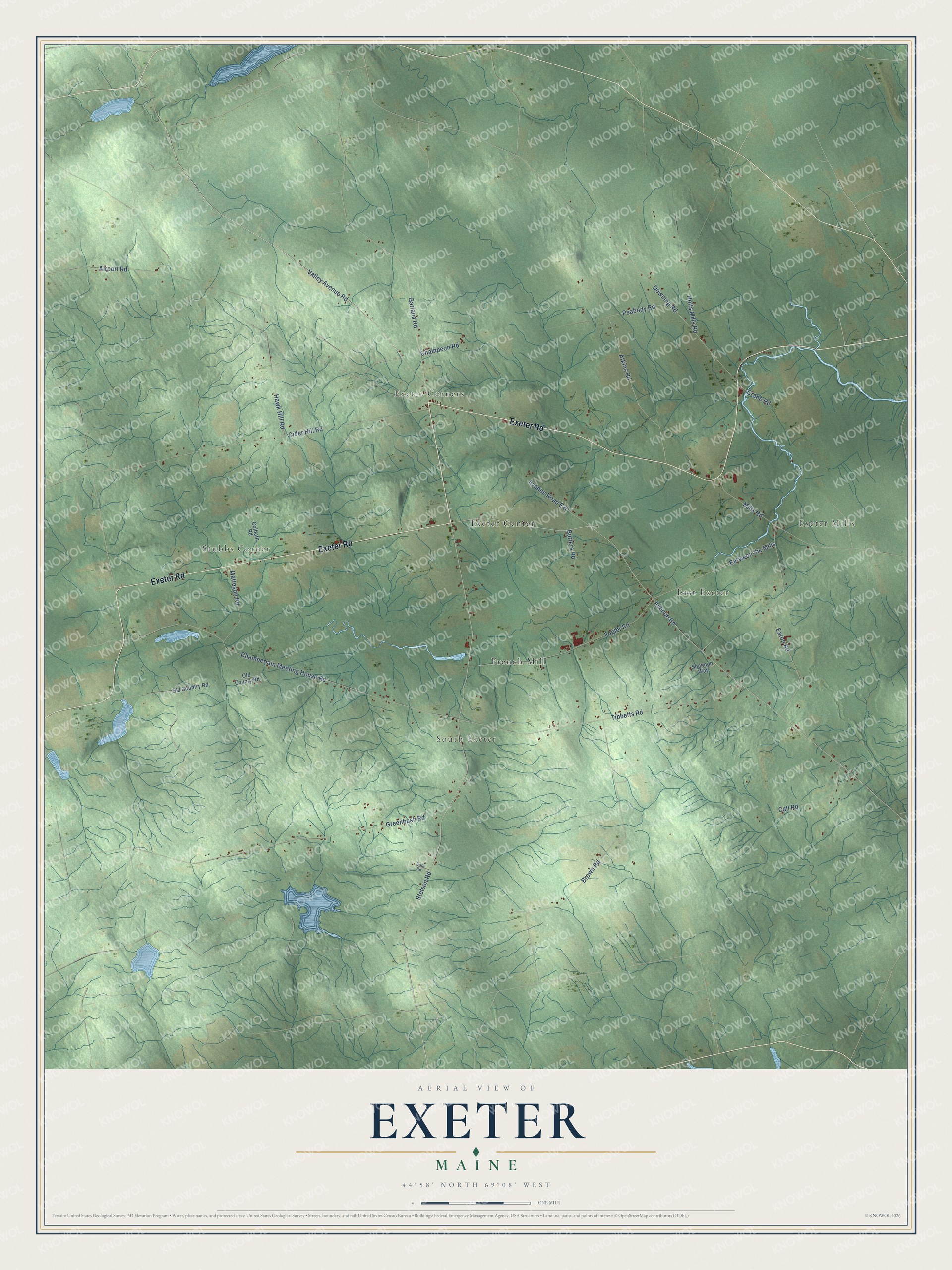 Map of Exeter, Maine, with its villages, corners and roads