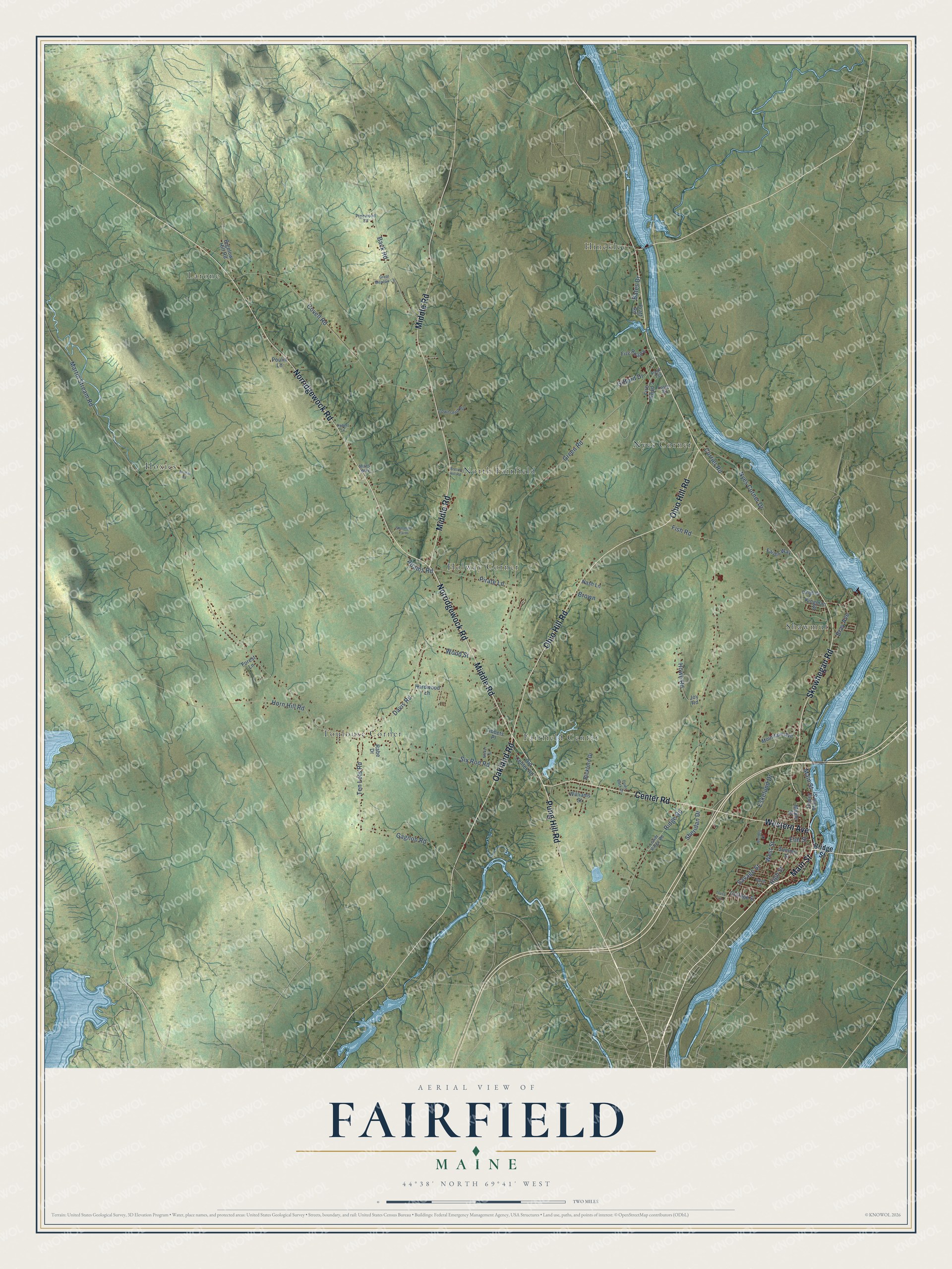 Map of Fairfield, Maine, with Main Street, Fairfield Center and Hinckley