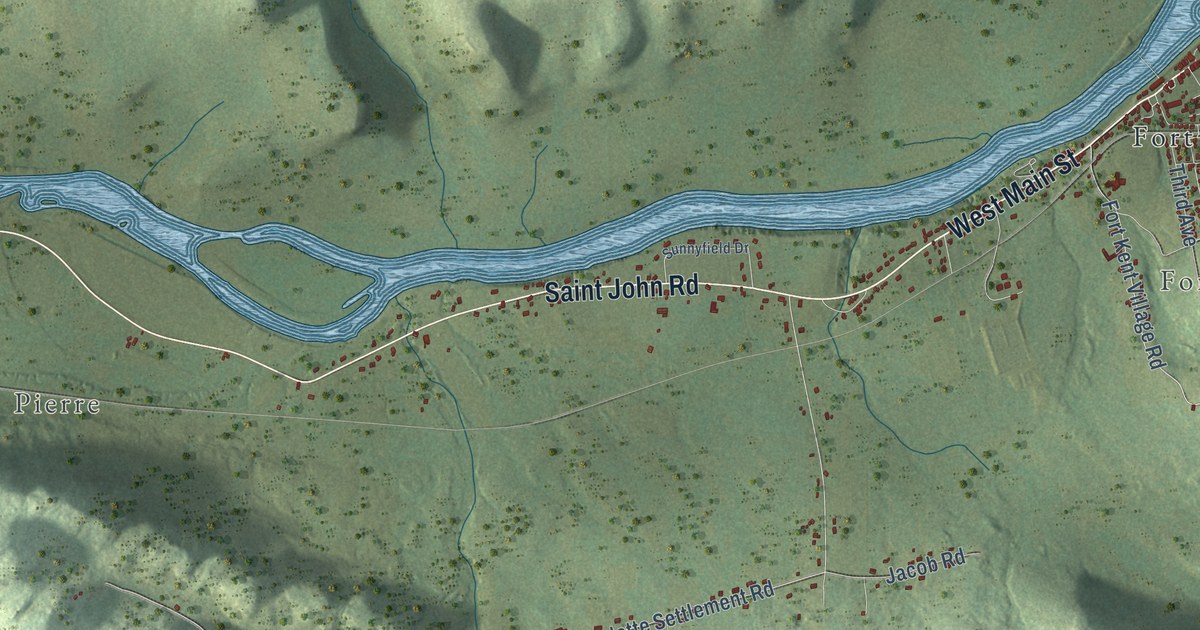 Close-up of streets and buildings in Fort Kent, Maine