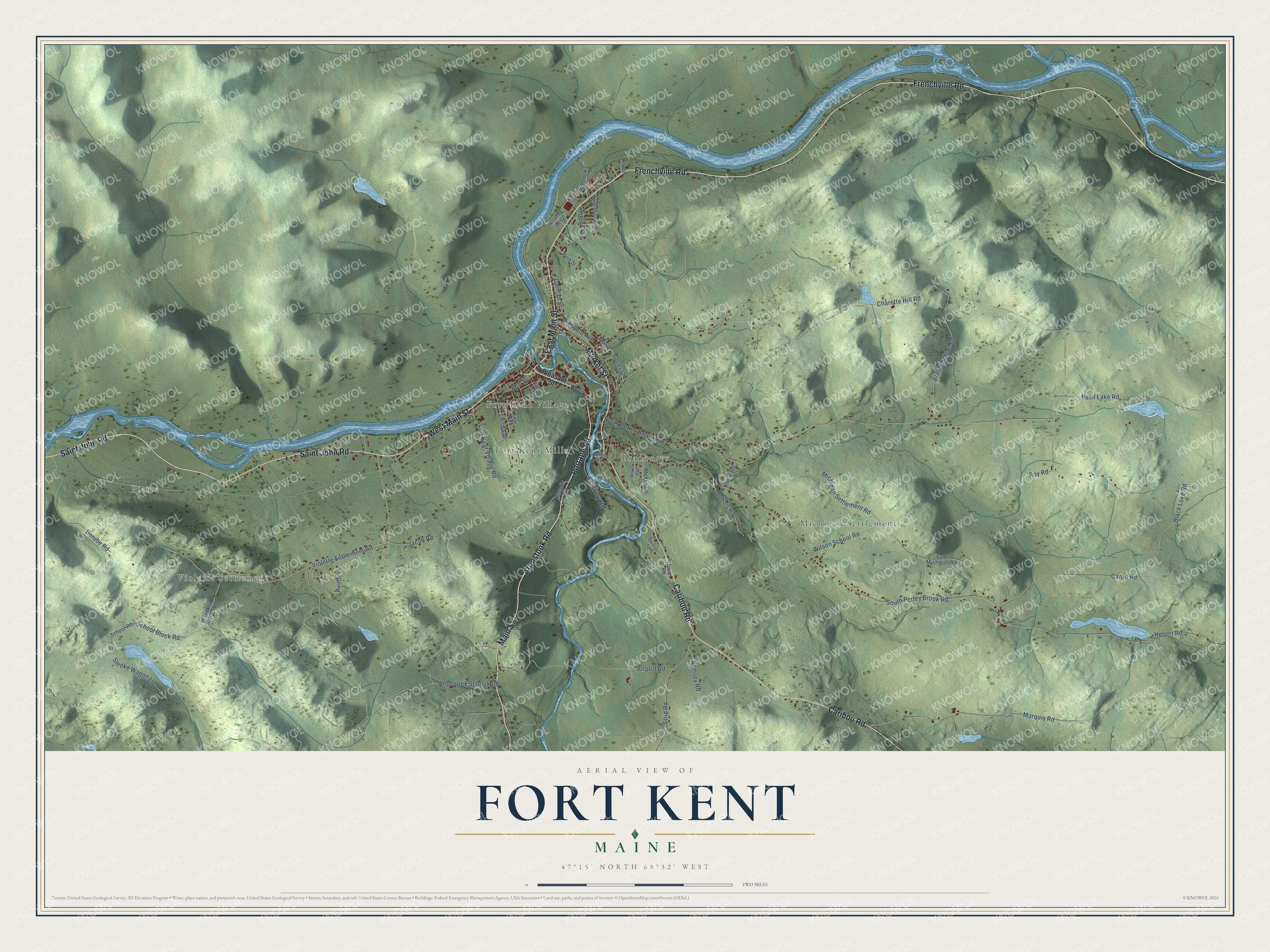 Aerial map with Fort Kent Village, Violette Settlement and Black Lake