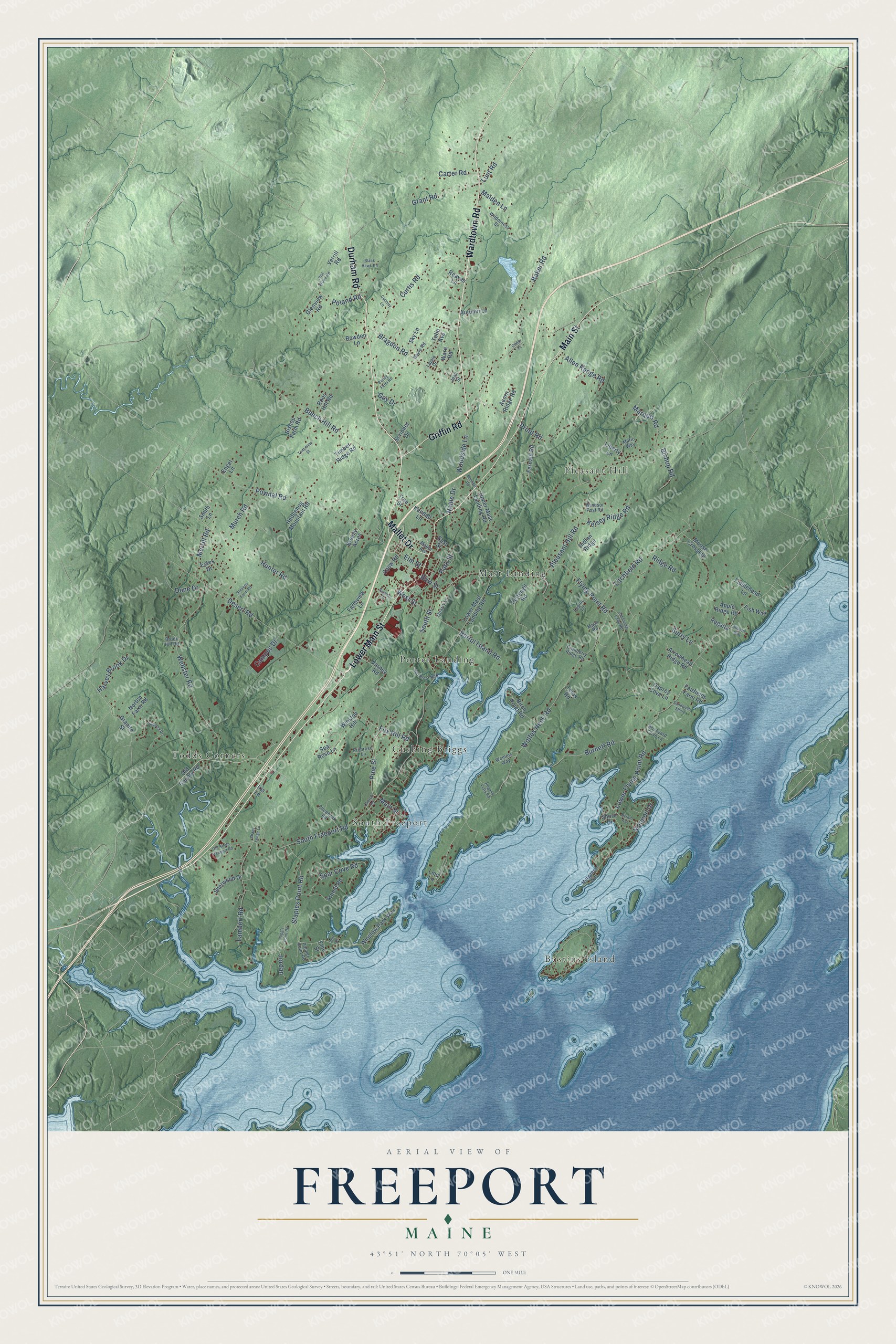 Aerial map with Mast Landing, South Freeport and Bustins Island