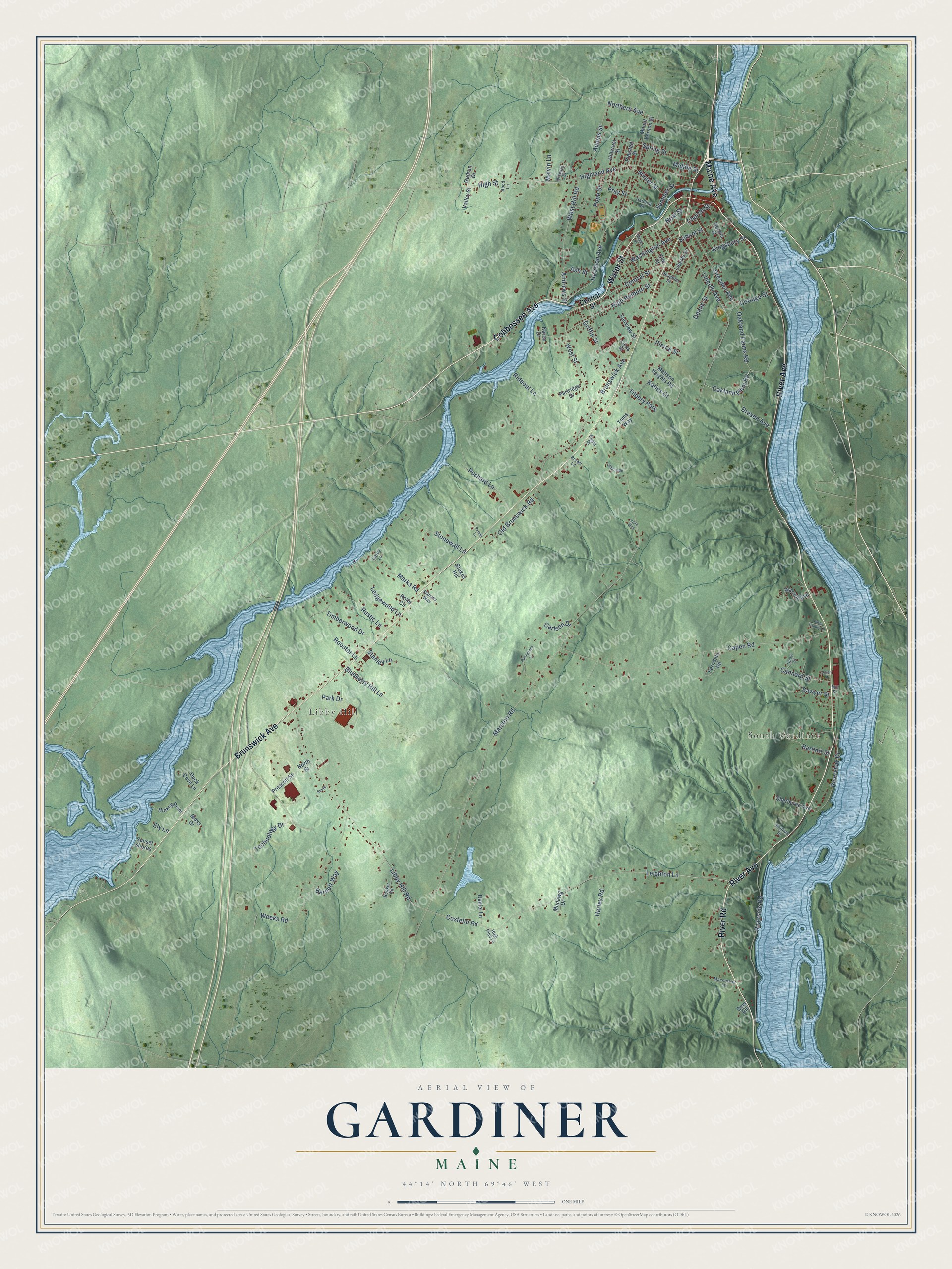 Aerial map of Gardiner, Maine, with Water Street and Cobbosseecontee Stream