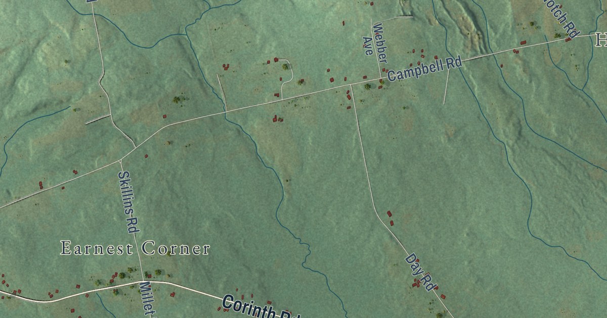Close-up of streets and buildings in Garland, Maine