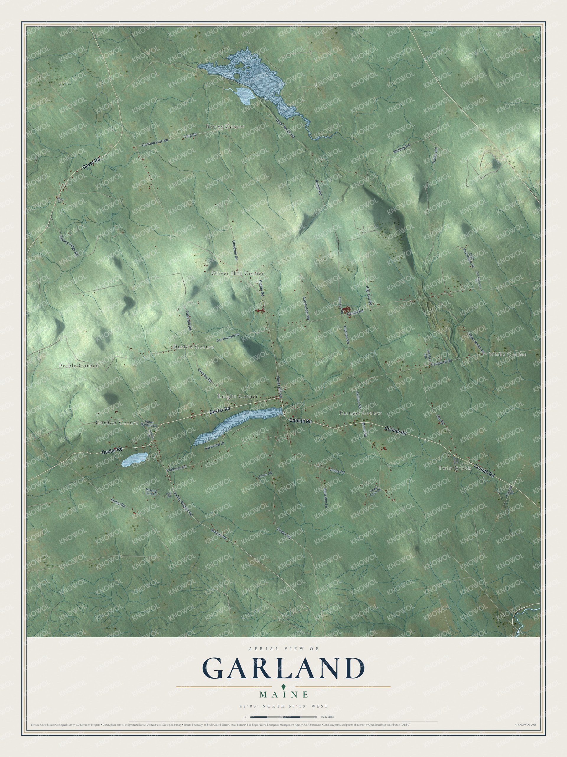 Garland aerial map with local roads and waterways