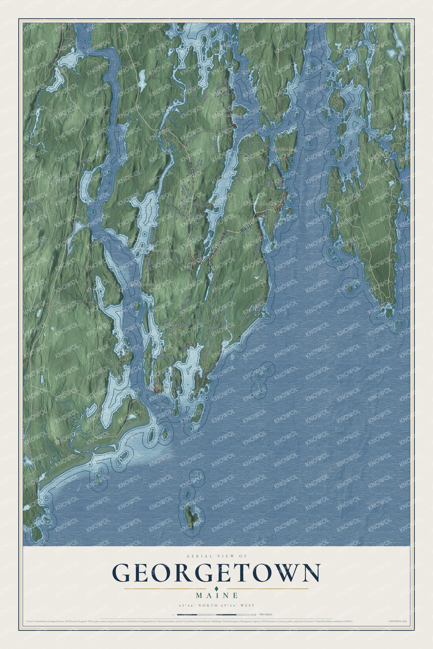 Georgetown aerial map with local roads and waterways
