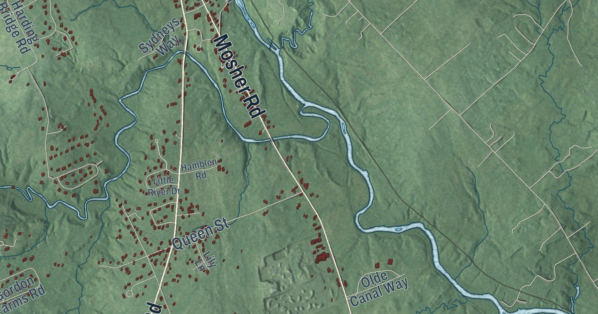 Close-up of streets and buildings in Gorham, Maine