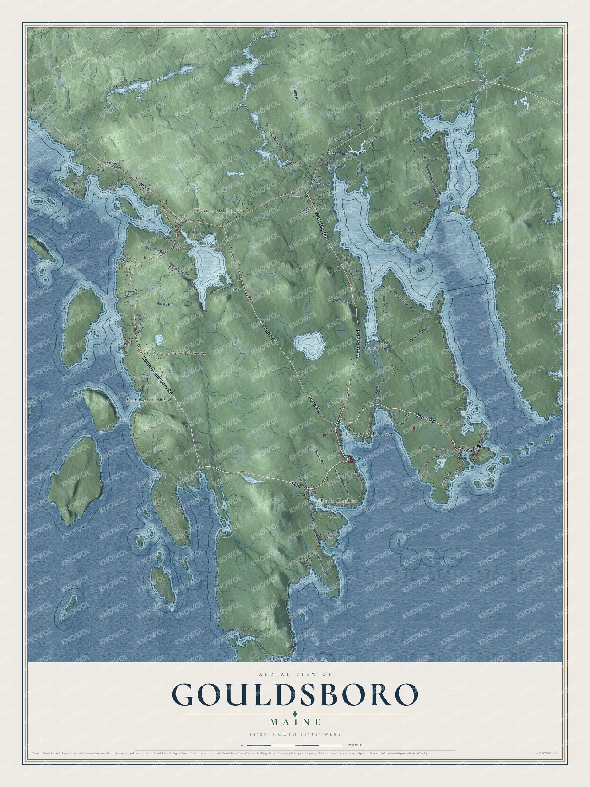 Gouldsboro aerial map with local roads and waterways