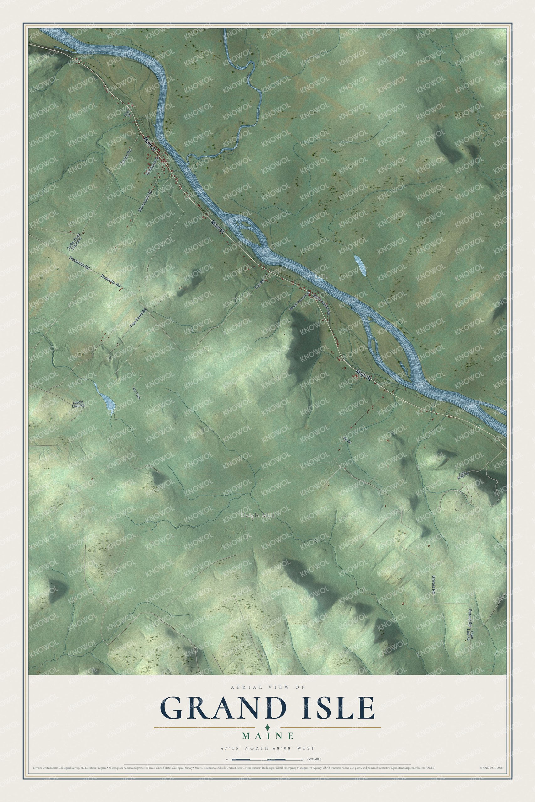 Grand Isle aerial map with local roads and waterways