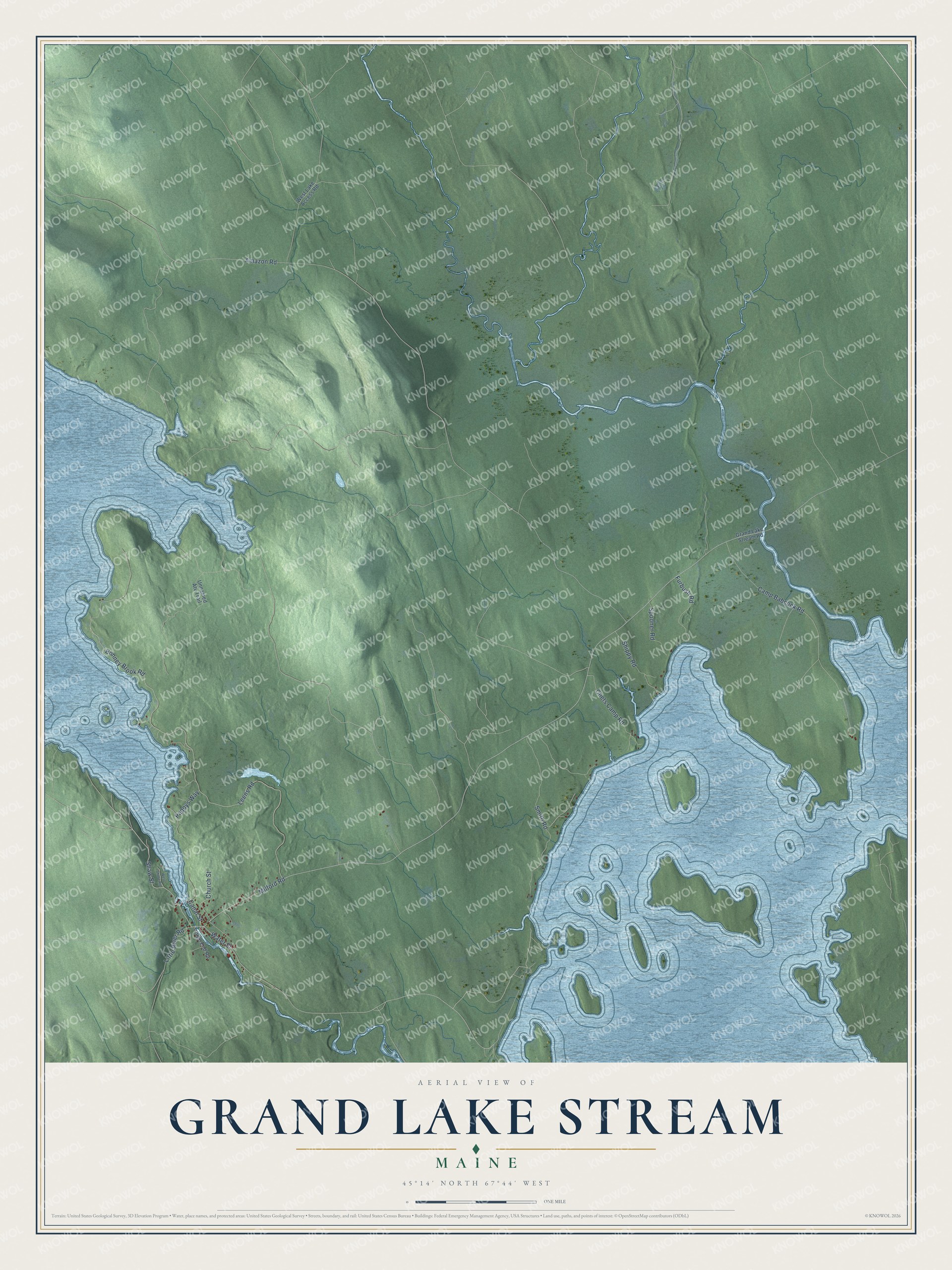 Grand Lake Stream aerial map with local roads and waterways