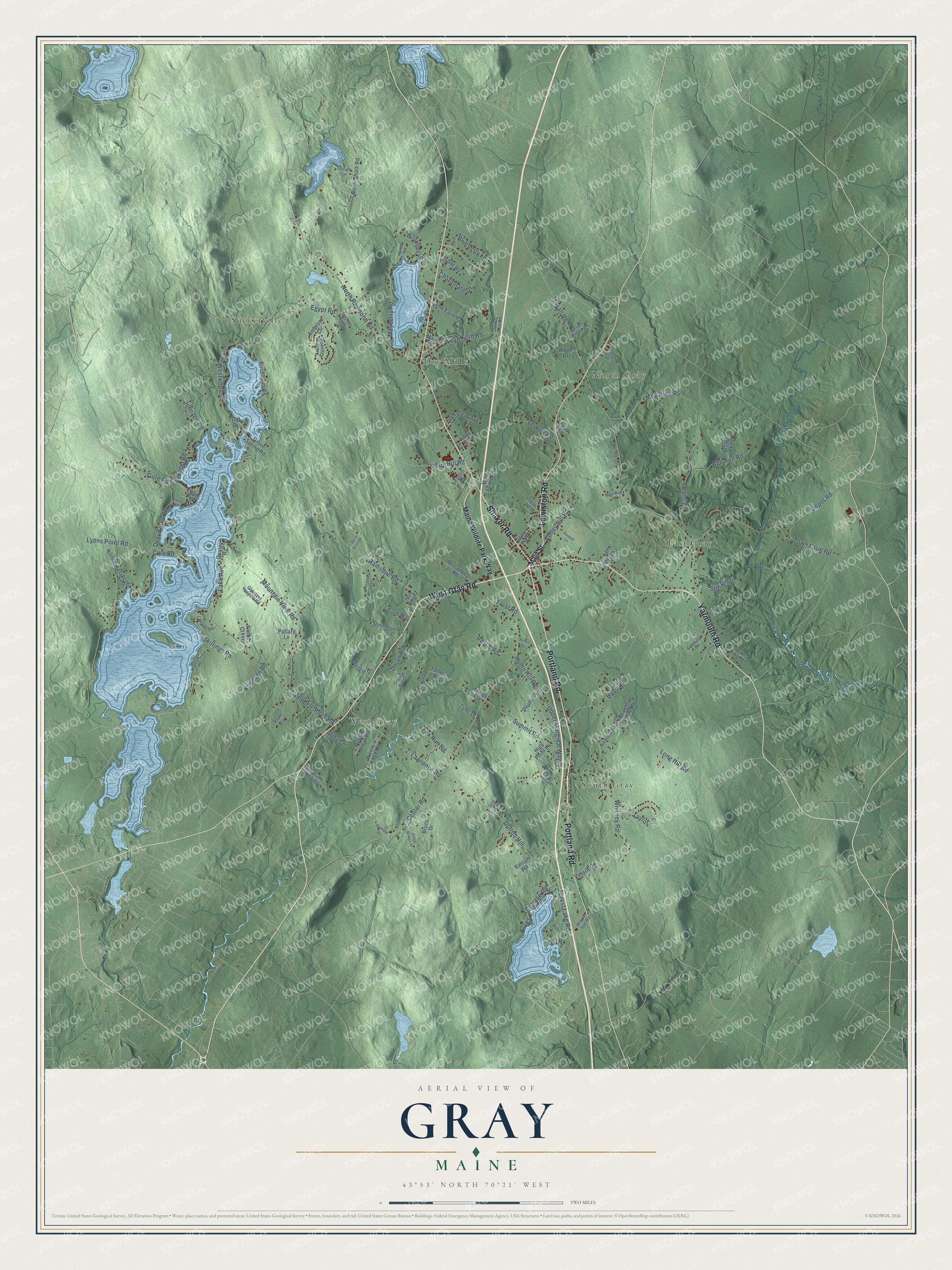 Gray aerial map with local roads and waterways