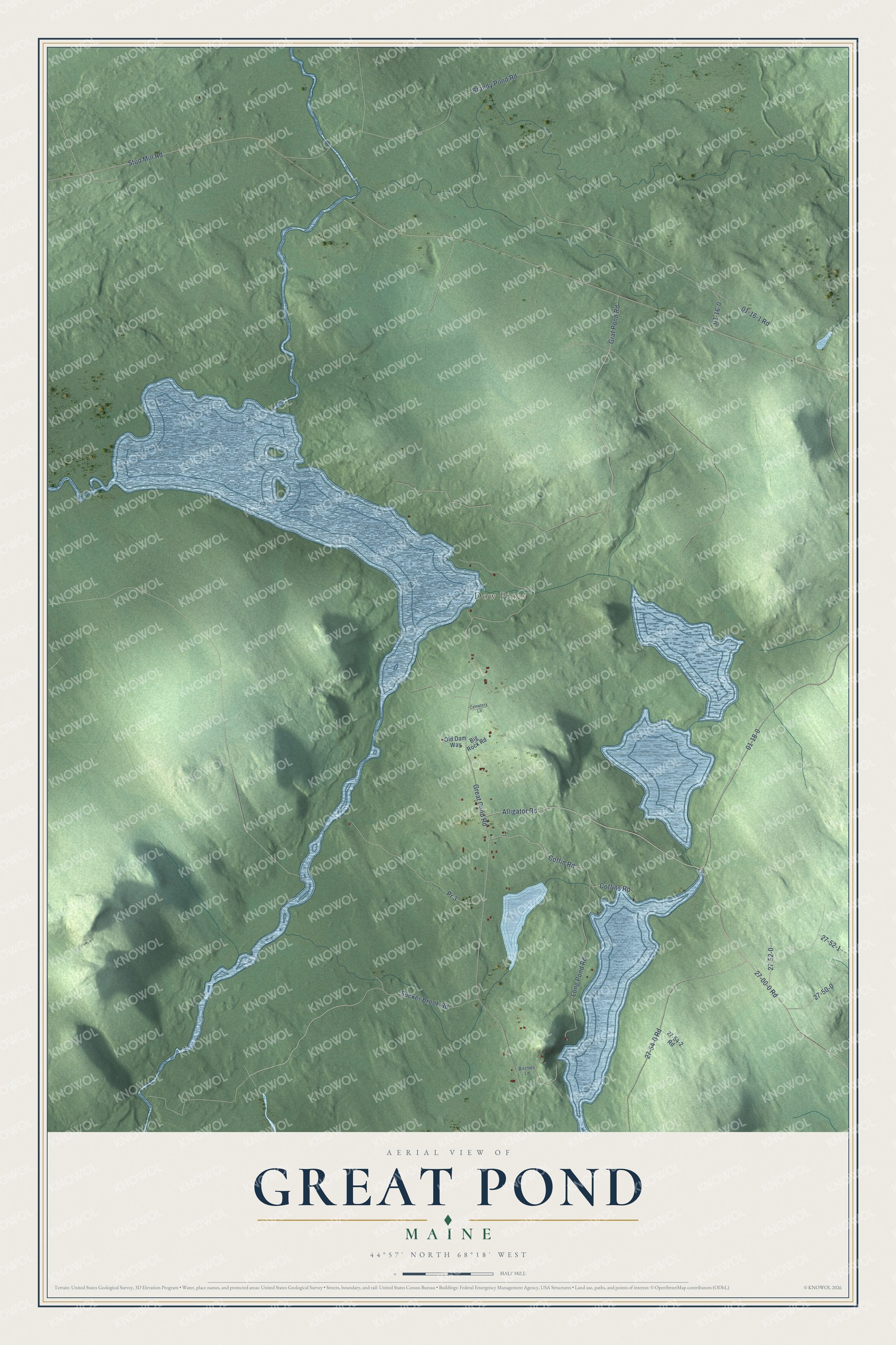 Great Pond aerial map with local roads and waterways