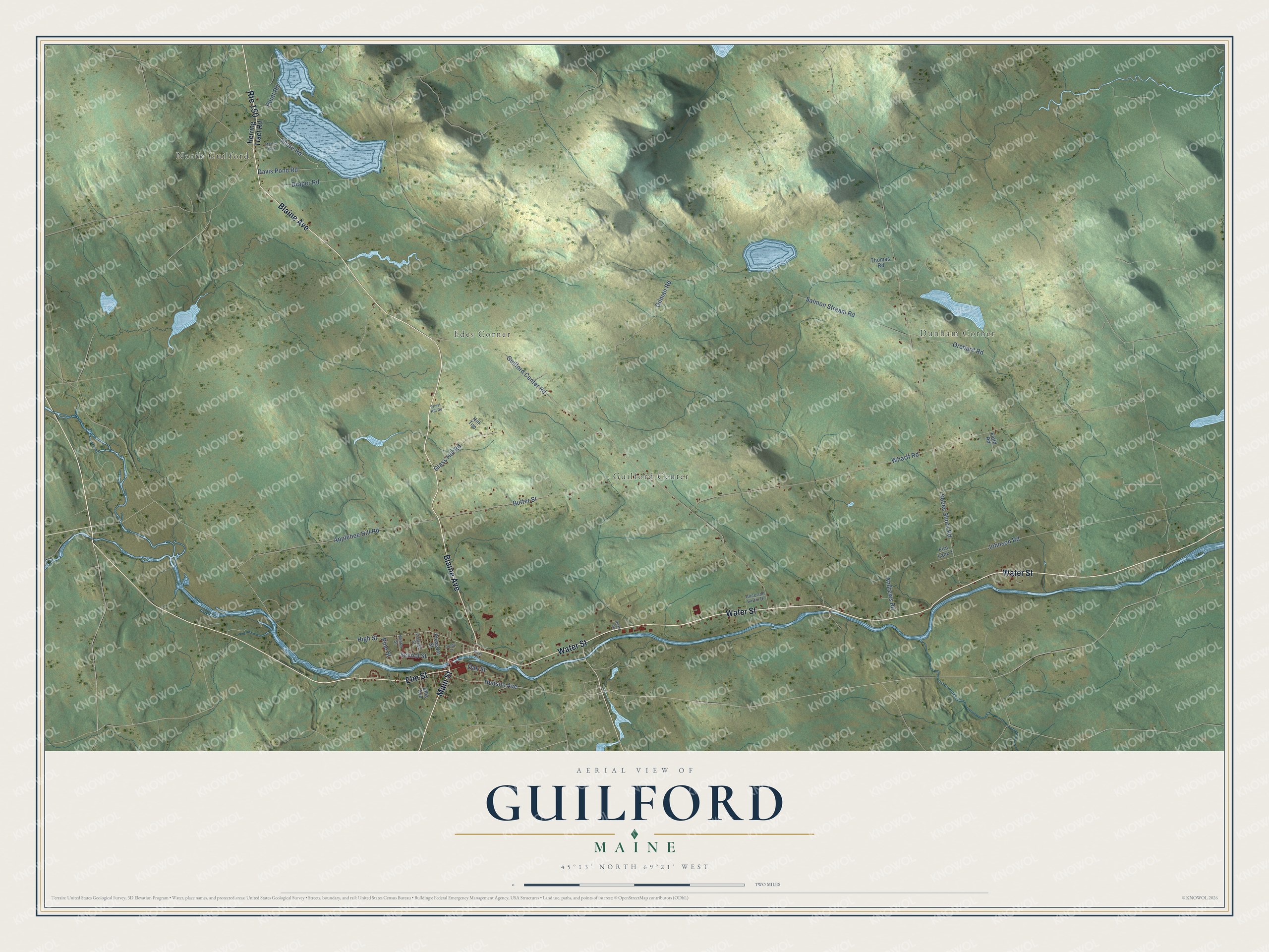 Guilford aerial map showing familiar roads and local terrain