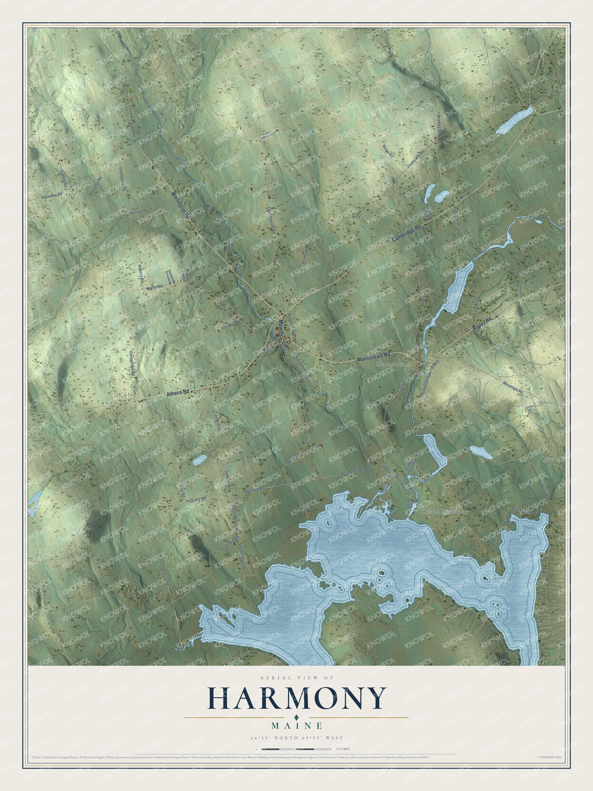 Harmony aerial map showing familiar roads and local terrain