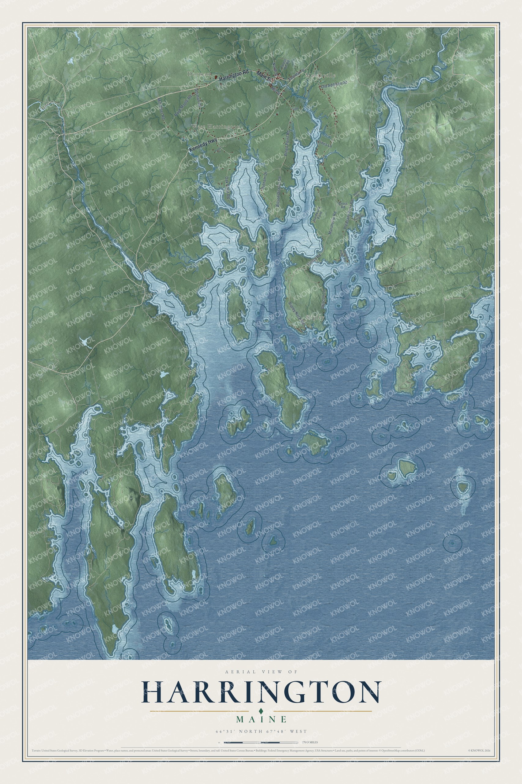 Harrington aerial map showing familiar roads and local terrain